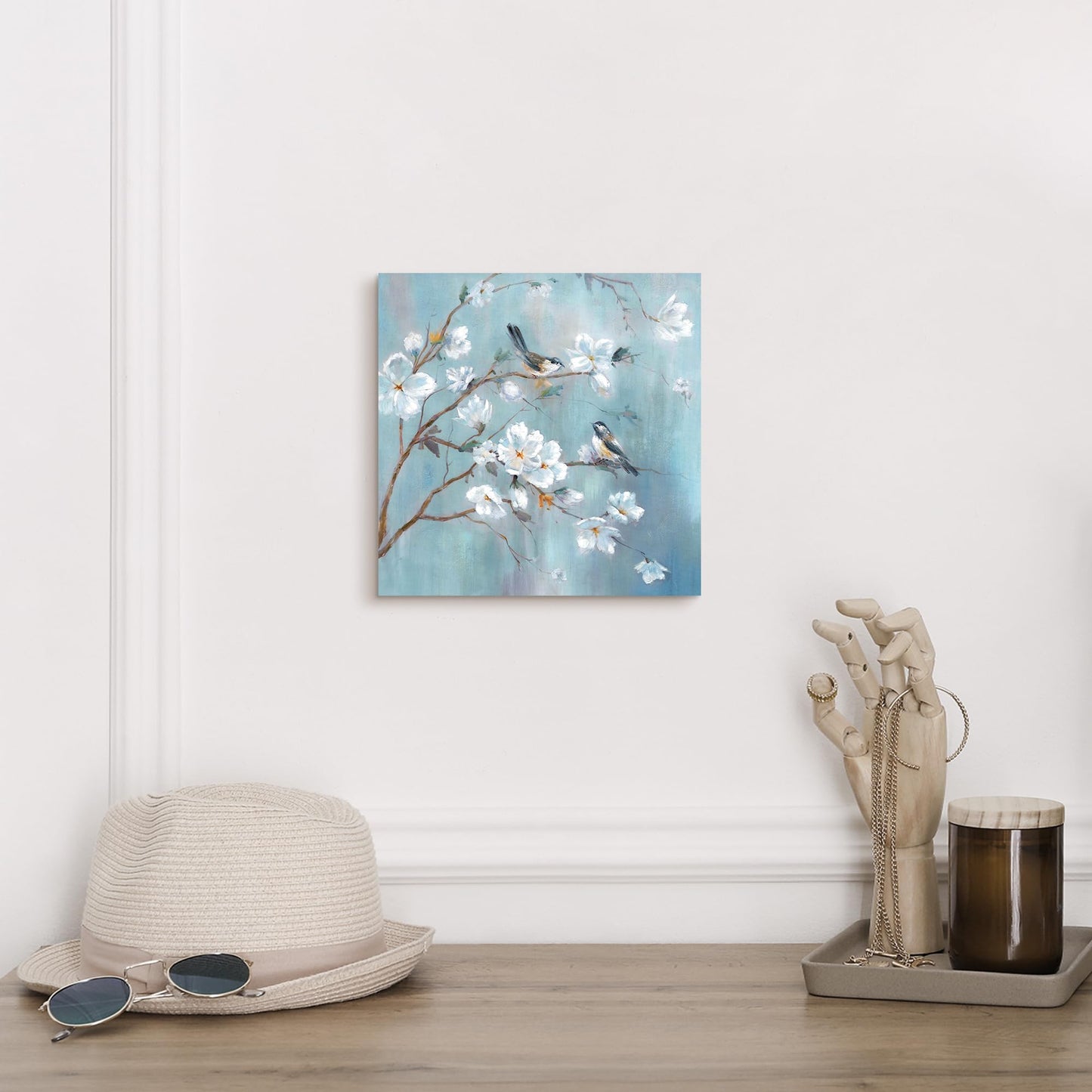 White Floral Canvas Artwork Wall: Elegant Flower Tree and Birds Wall Art Painting for Living Room (12'' x 12'' x 1 Panel)
