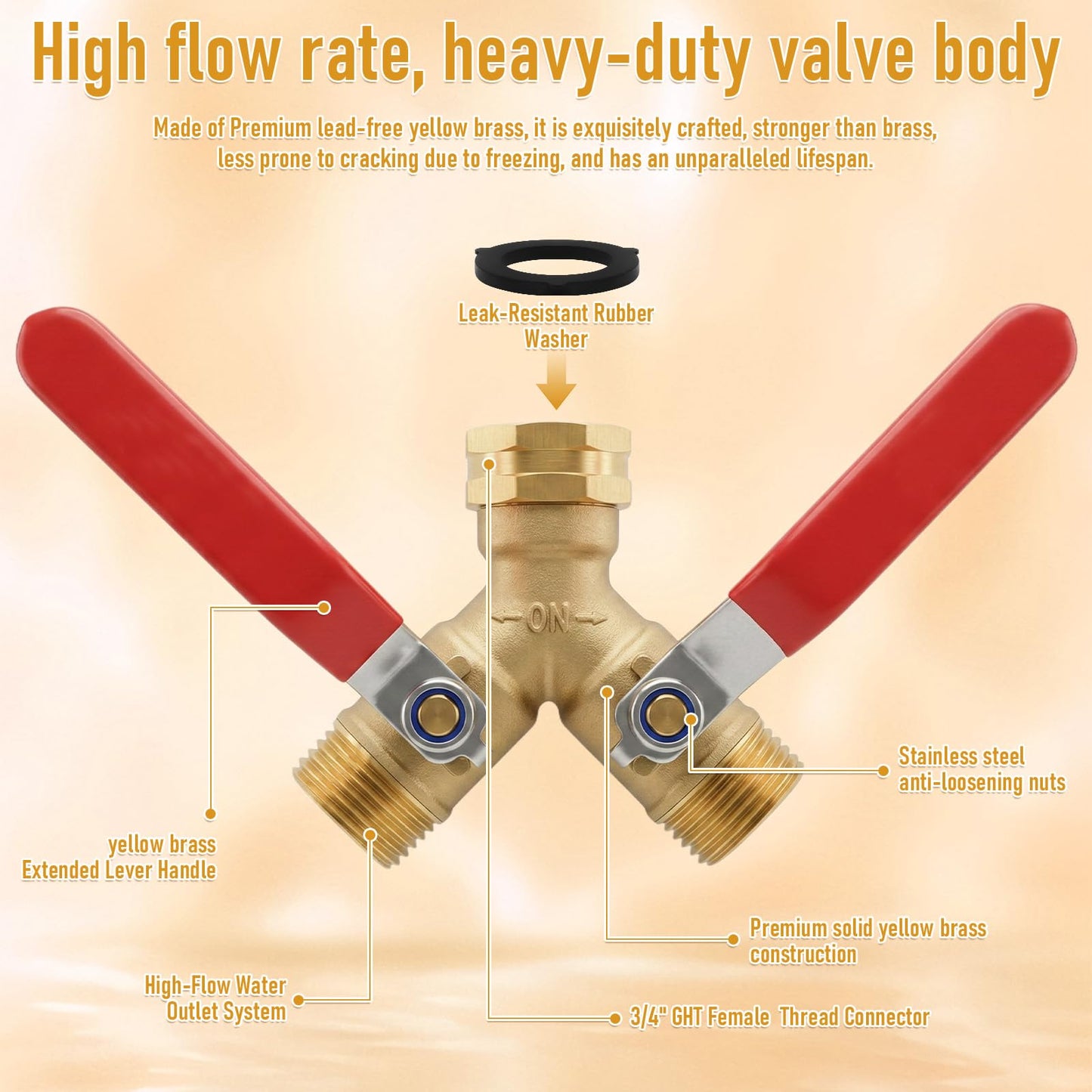 Garden Hose Splitter 2 Way, Heavy Duty Brass Y Valve Water Hose Splitter With Stainless Steel Long Handle Outdoor Full Flow Hose Splitter Connector,Y Valve 3/4 Inch GHT Thread