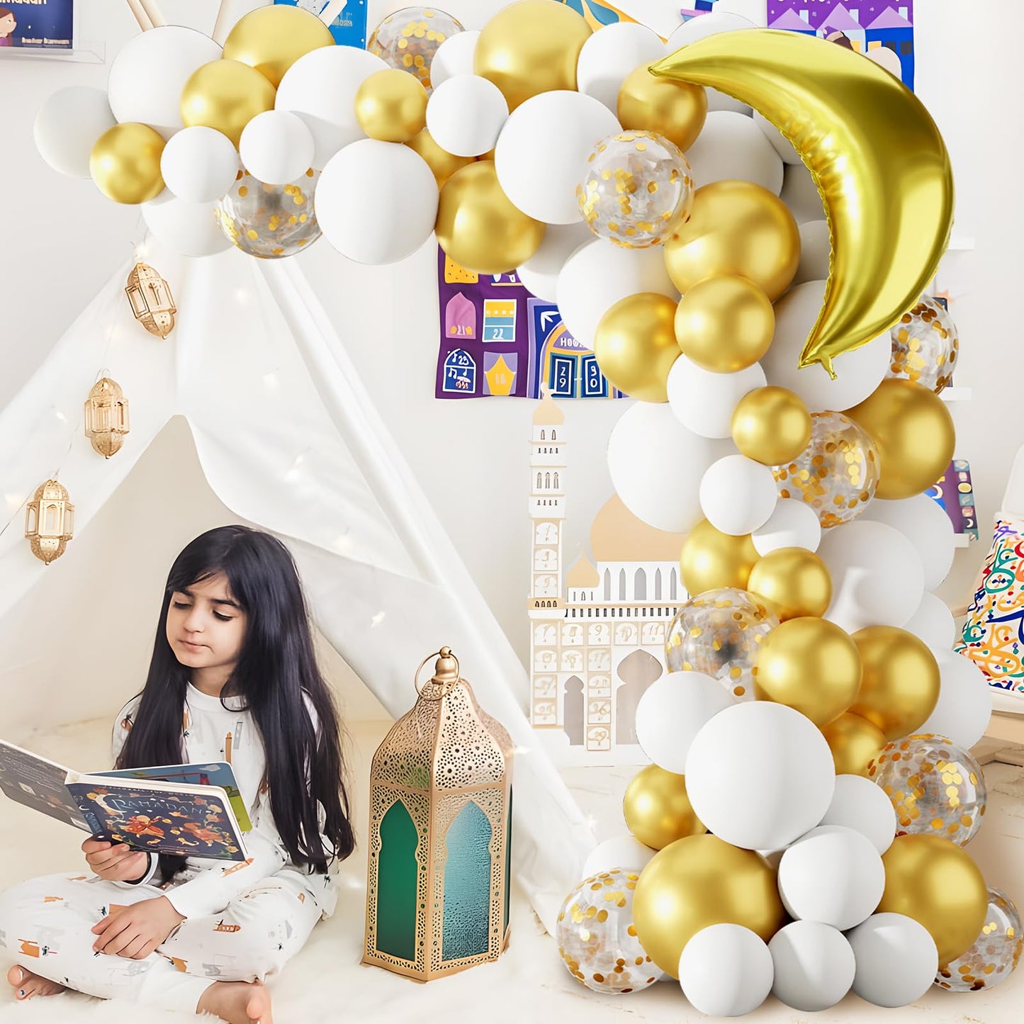 Eid Mubarak Decoration for Home 2026 - 89 White Gold Balloon Arch with Eid Mubarak Star Balloons,Star Moon Balloon Boxes,Ramadan Party Supplies Decorations for Ramadan Festival