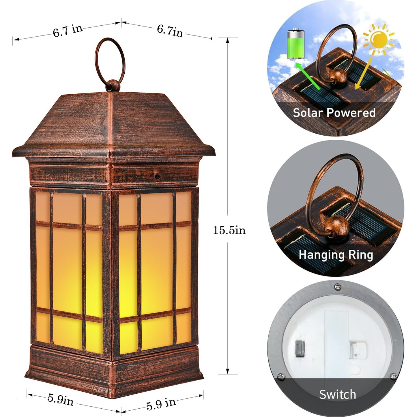 anyperfect 15.5" Solar Lantern Outdoor Waterproof, Glass Flickering Flame Solar Lanterns, Hanging Metal Lantern Decorative for Patio Front Porch Garden Backyard Tabletop Party Decoration