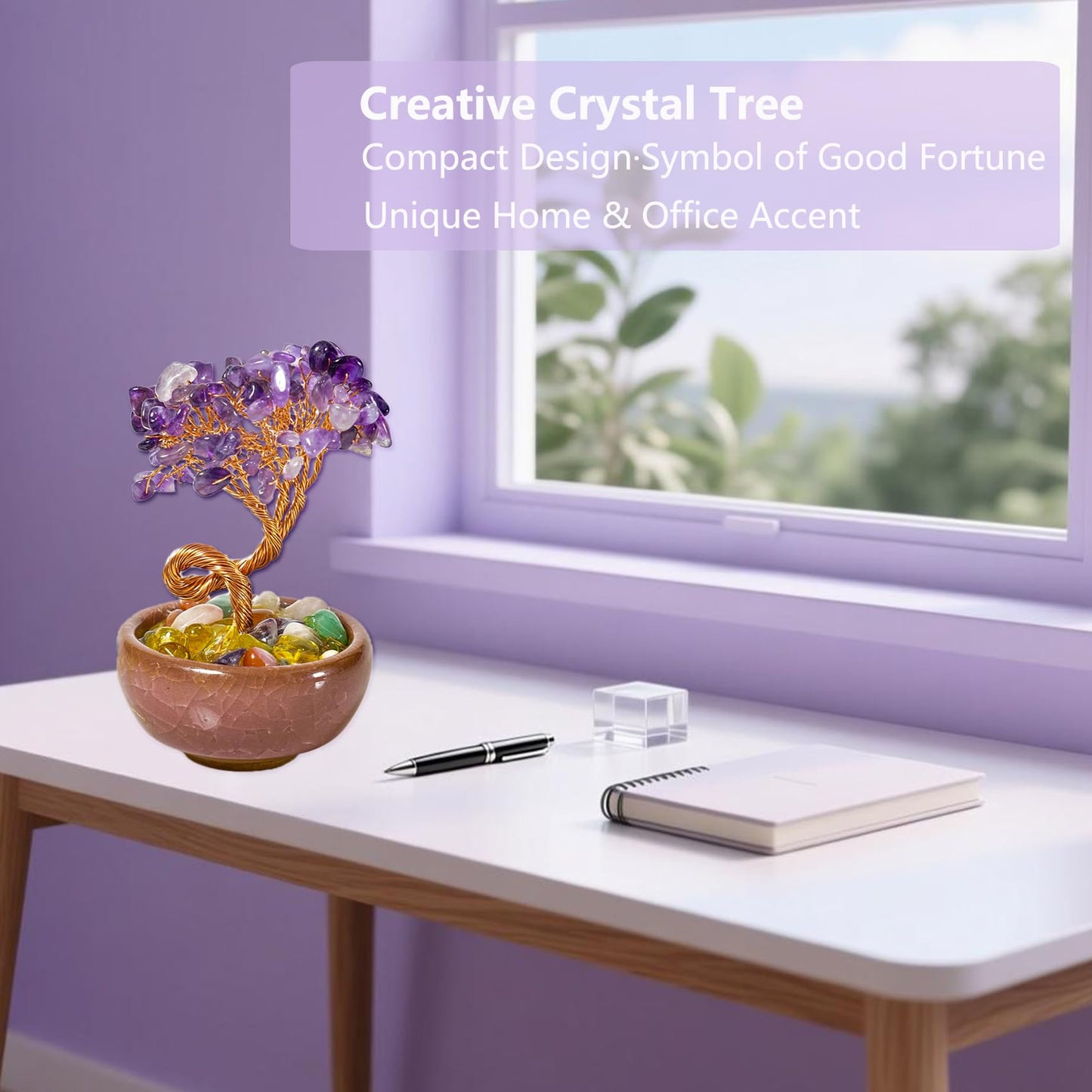 Amethyst Crystal Tree, Mini Crystal Tree of Life for Wisdom, Handmade Home Office Desk Decor, Cute Crystal Tree with Copper Wire and Ceramic Base, Meditation Gift, Spiritual Gift for Women