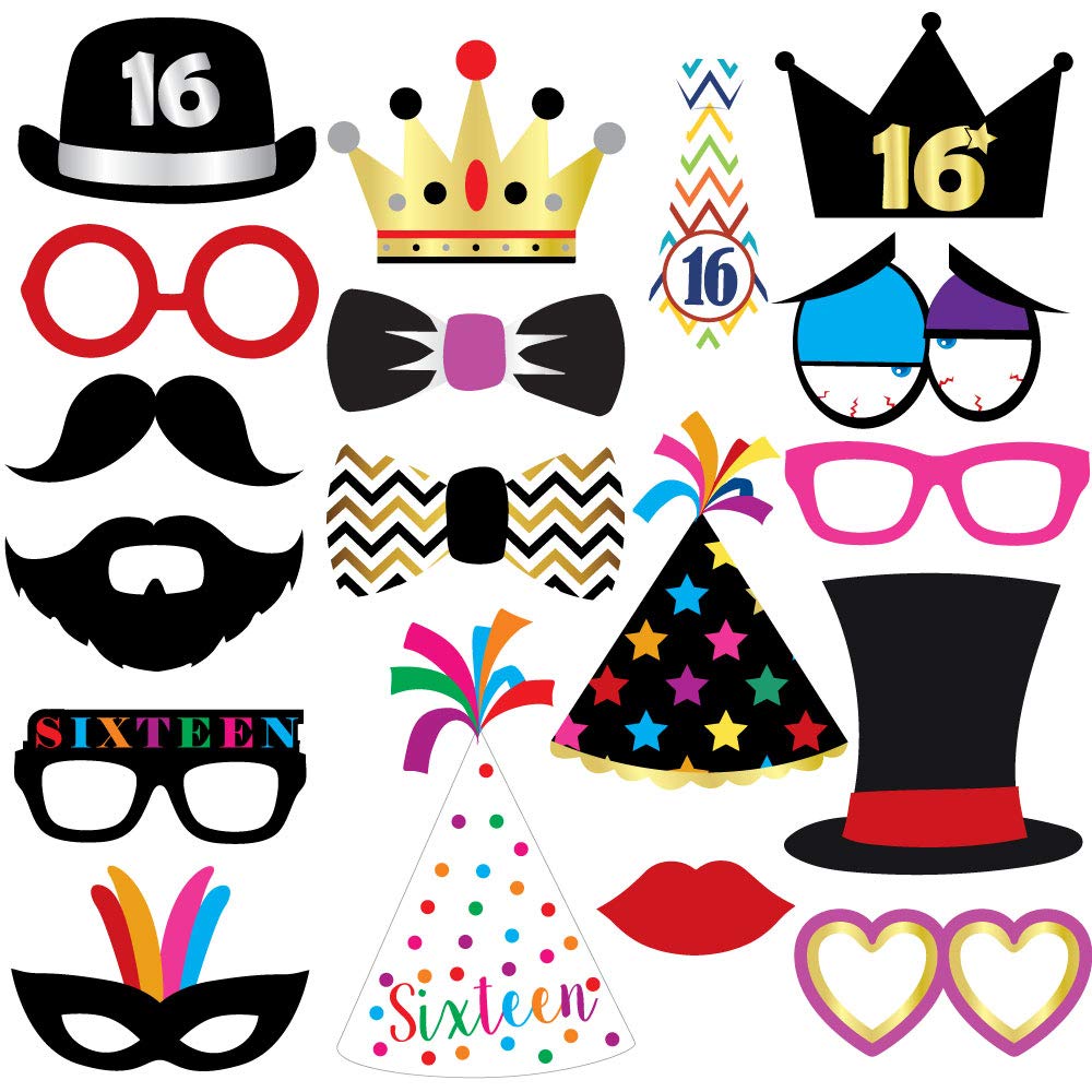 16th Birthday Photo Booth Props - 40 Pieces - Funny Birthday Party Supplies for Him or Her - Photo Booth Decorations, Favors and Gifts