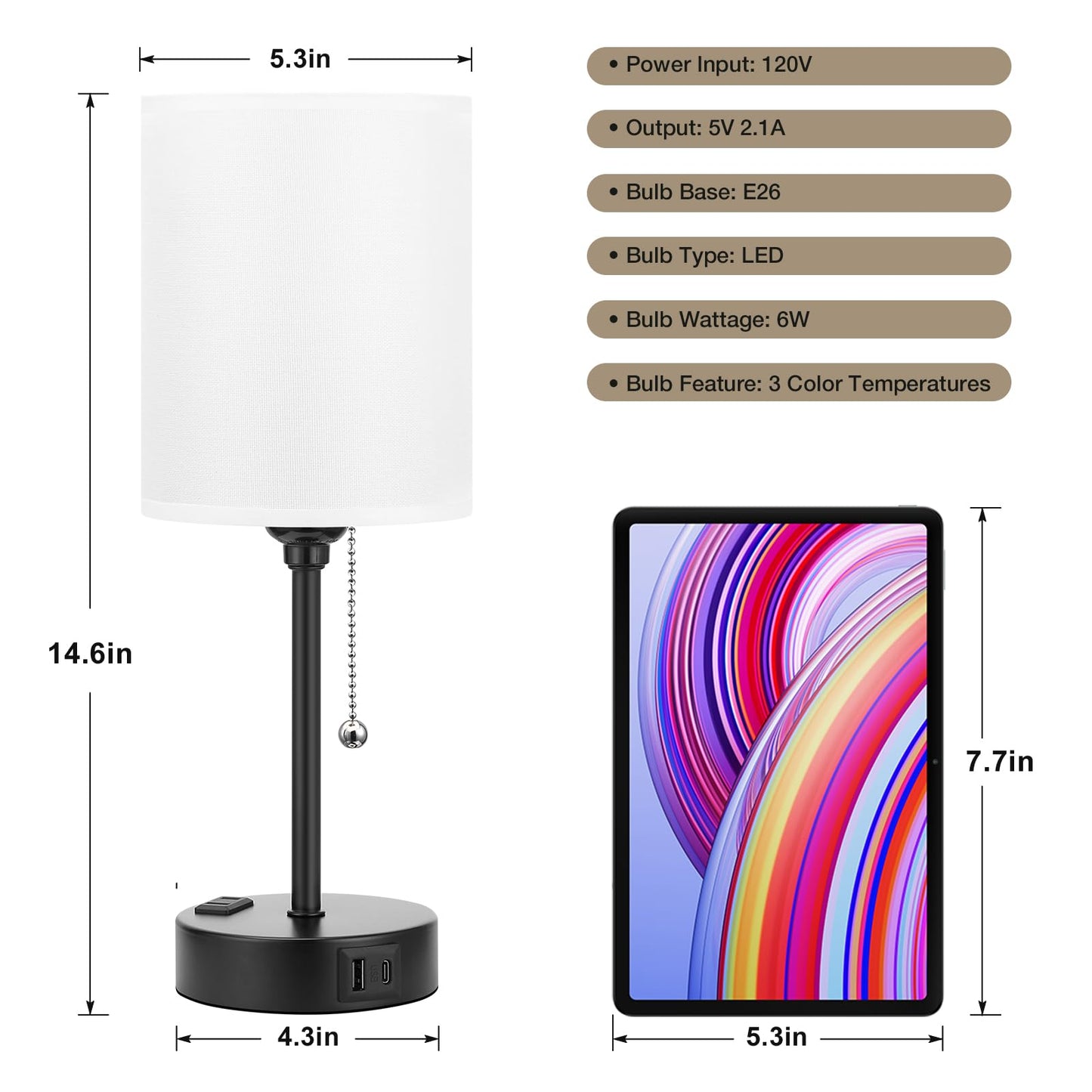 Small Bedside Table lamp for Bedroom - 3 Color Temperatures Bedside Lamps with USB C and A Ports, Pull Chain Table Lamps with AC Outlet, White Nightstand Lamps with Black Metal Base for Kids Reading