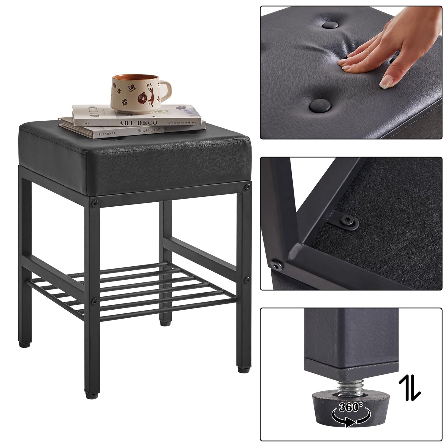 IBUYKE Square Makeup Stool with Adjustable Feet and Storage Space, Footrest Chair, PU Vanity Seat, Multi-Use as Small Side Table or Ottoman, for Bedroom, Black LG-60B