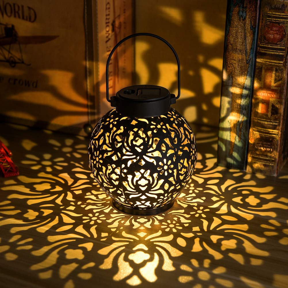 EXCMARK 2 Pack Outdoor Solar Hanging Lantern Lights Metal LED Decorative Lamp for Garden Patio Courtyard Lawn and Table with Hollowed-Out Design (Black)