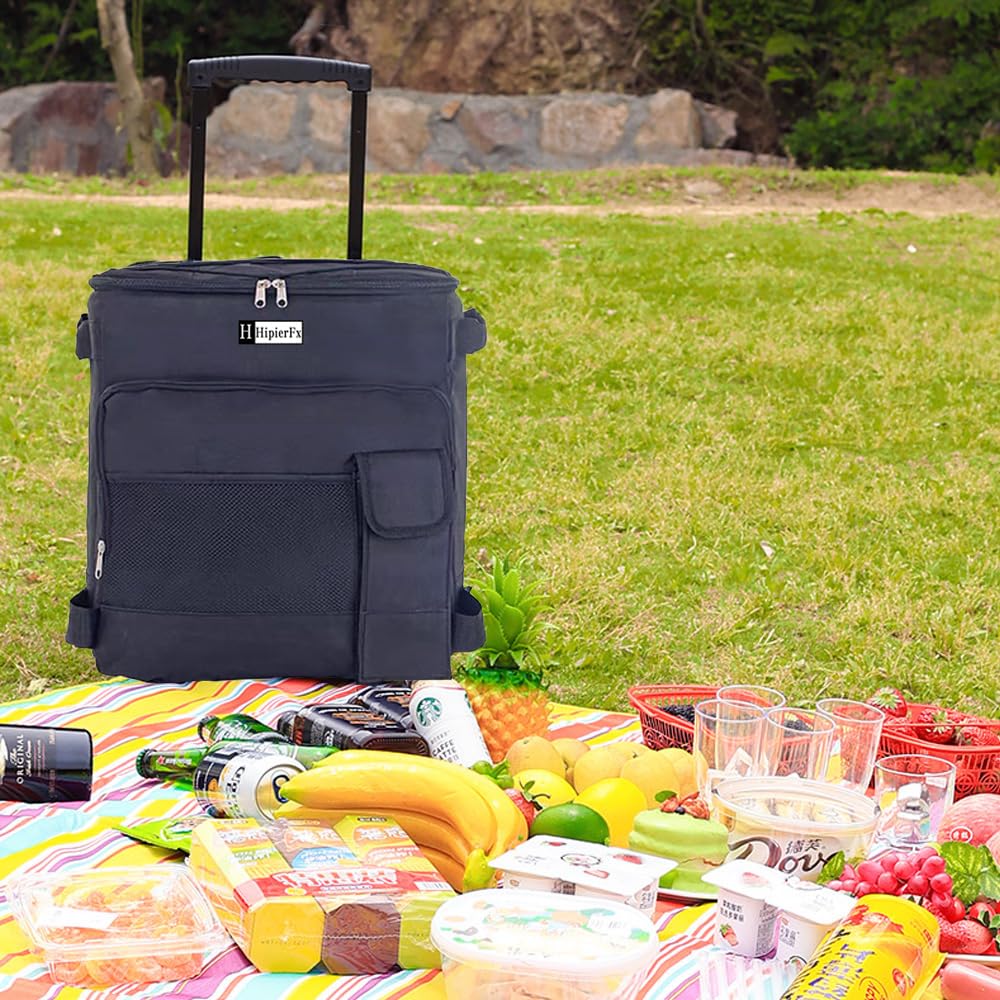 HipierFx Soft Cooler with Wheels and Handle Portable Collapsible Rolling Cooler Bag for Beach Camping Travel (Black)