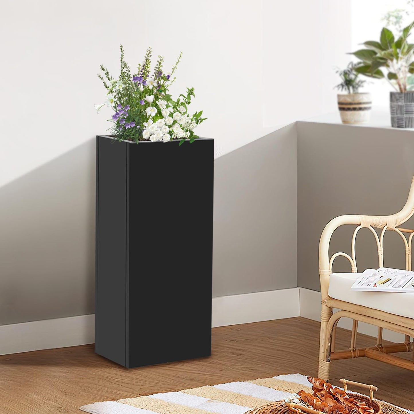 ACNAO 30in Height Metal Planter Box, Rectangular Outdoor/Indoor Flower Box with Drainage Holes, Modern Steel Planter Box for Gardens, Entrances, Balconies, Patios, Black