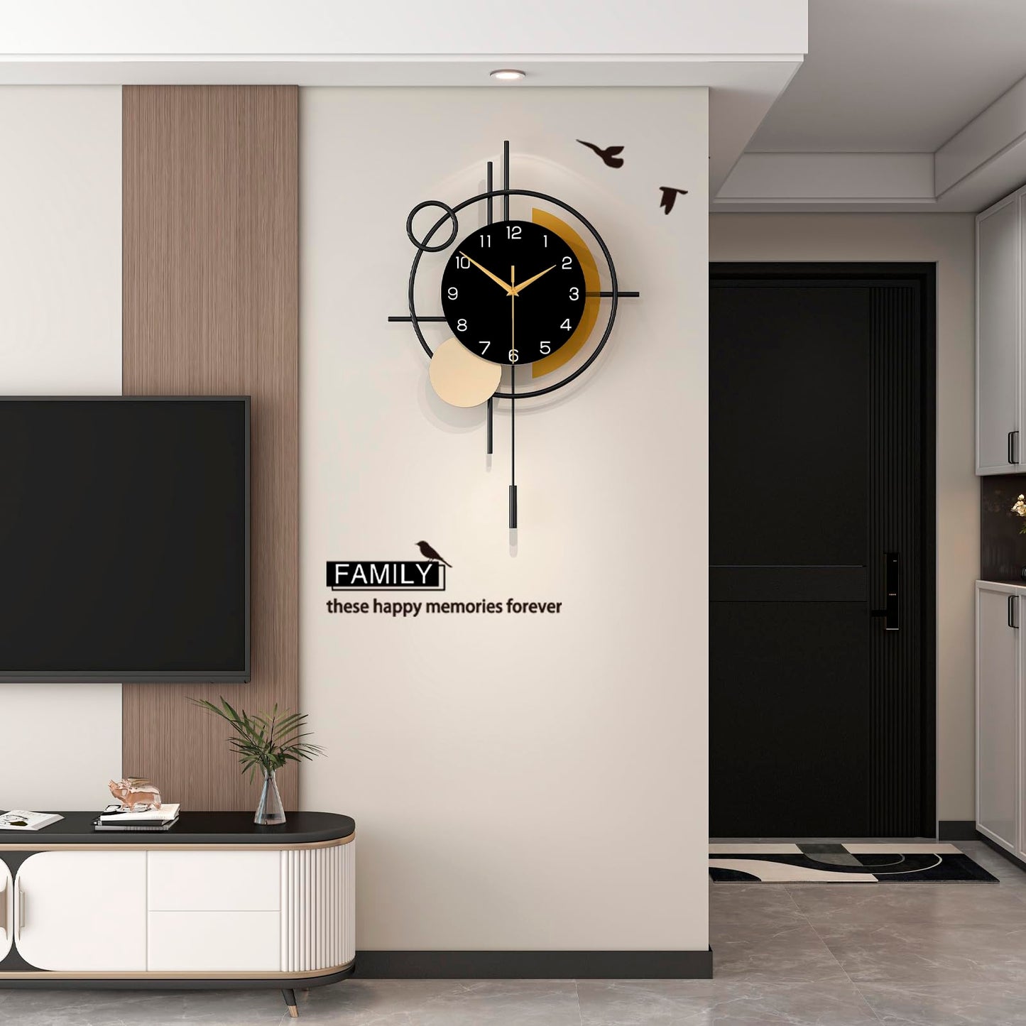 YIJIDECOR Wall Clock for Living Room Decor Decorative Wall Clock with Pendulum Silent Quartz Battery Operated Black Metal Large Clock for Dining Room,Kitchen,Home,Bathroom,Bedroom,13.8x21.3 in