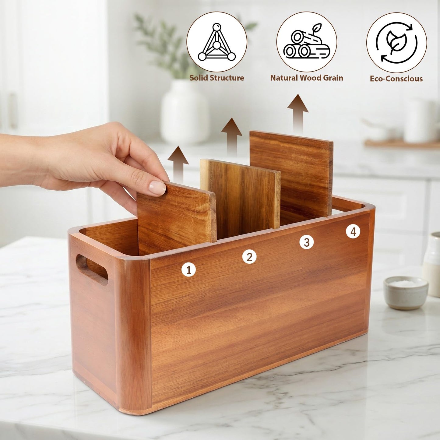 powerful xishan Kitchen Utensil Holder for Countertop, Extra Large Acacia Wood Utensil Organizer, 4-Compartment Storage for Cooking Utensils, Silverware and Cutlery