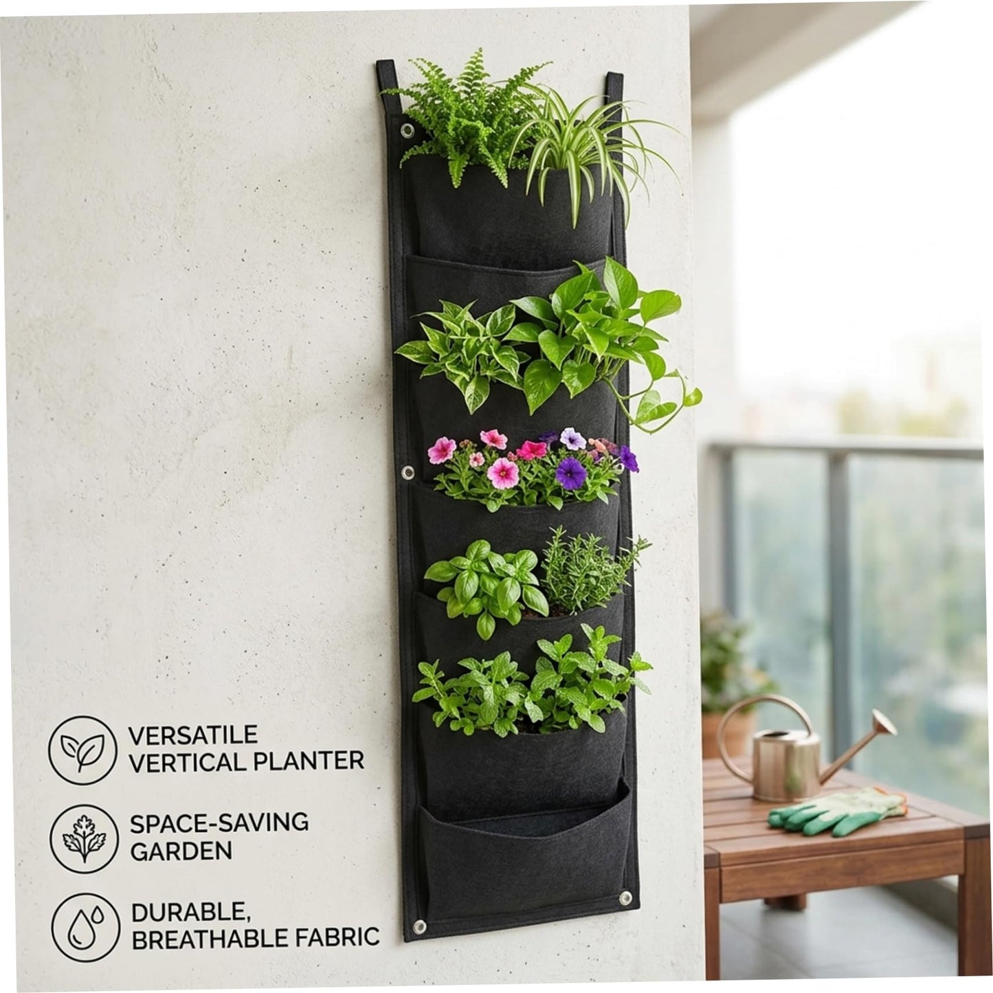 Bonalake Vertical Garden Planter, 3 Pack Felt Wall Hanging Planter with 7 Pockets, Breathable Fabric Vertical Gardenr for Indoor Outdoor Wall Decor, Black, 12x39in