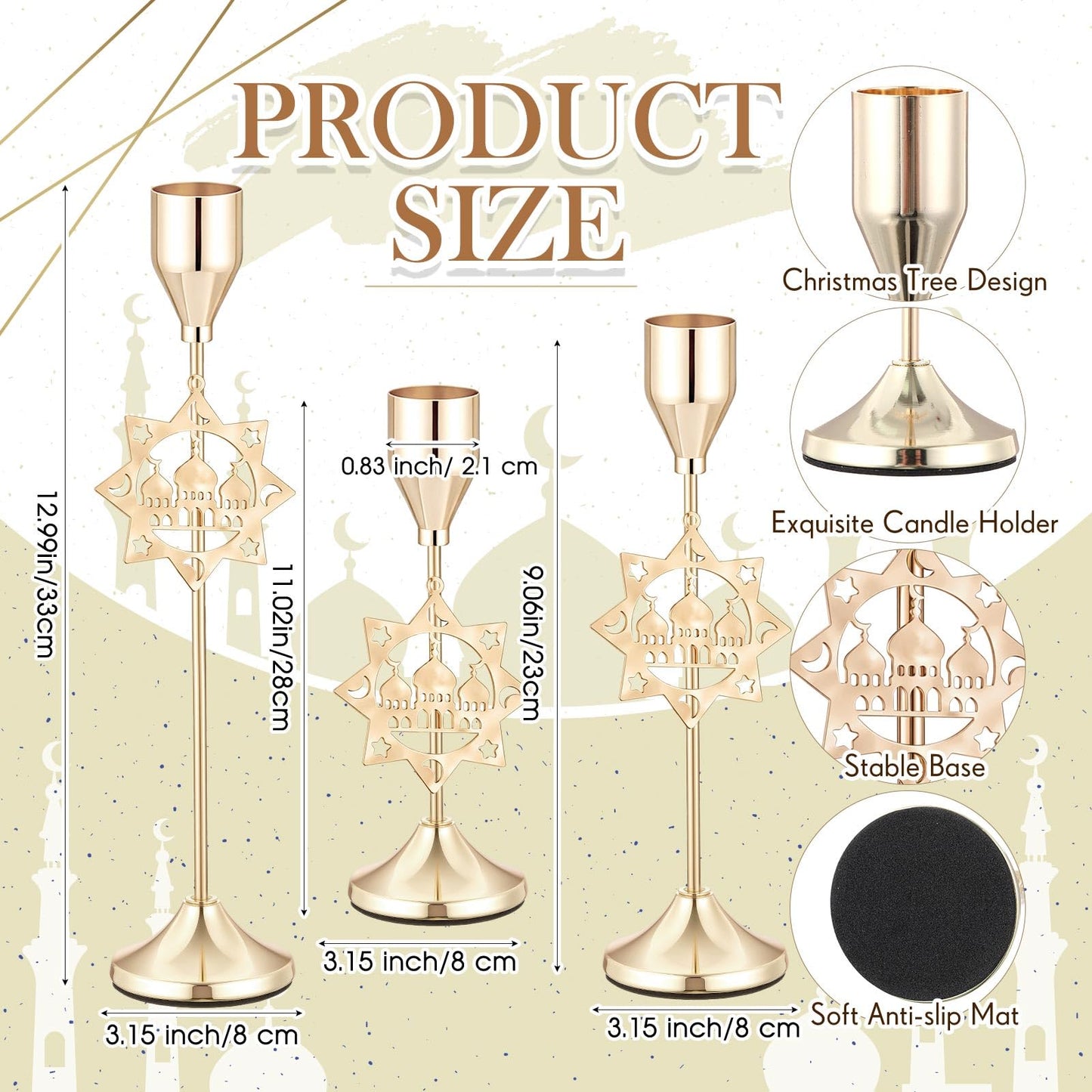 Ceenna 3 Pcs Ramadan Candle Holders, 3 Size Mosque Candlestick Holders, Gold Candle Holder for Eid Mubarak Ramadan Decorations Table Centerpiece Mantel Decor Housewarming Gifts