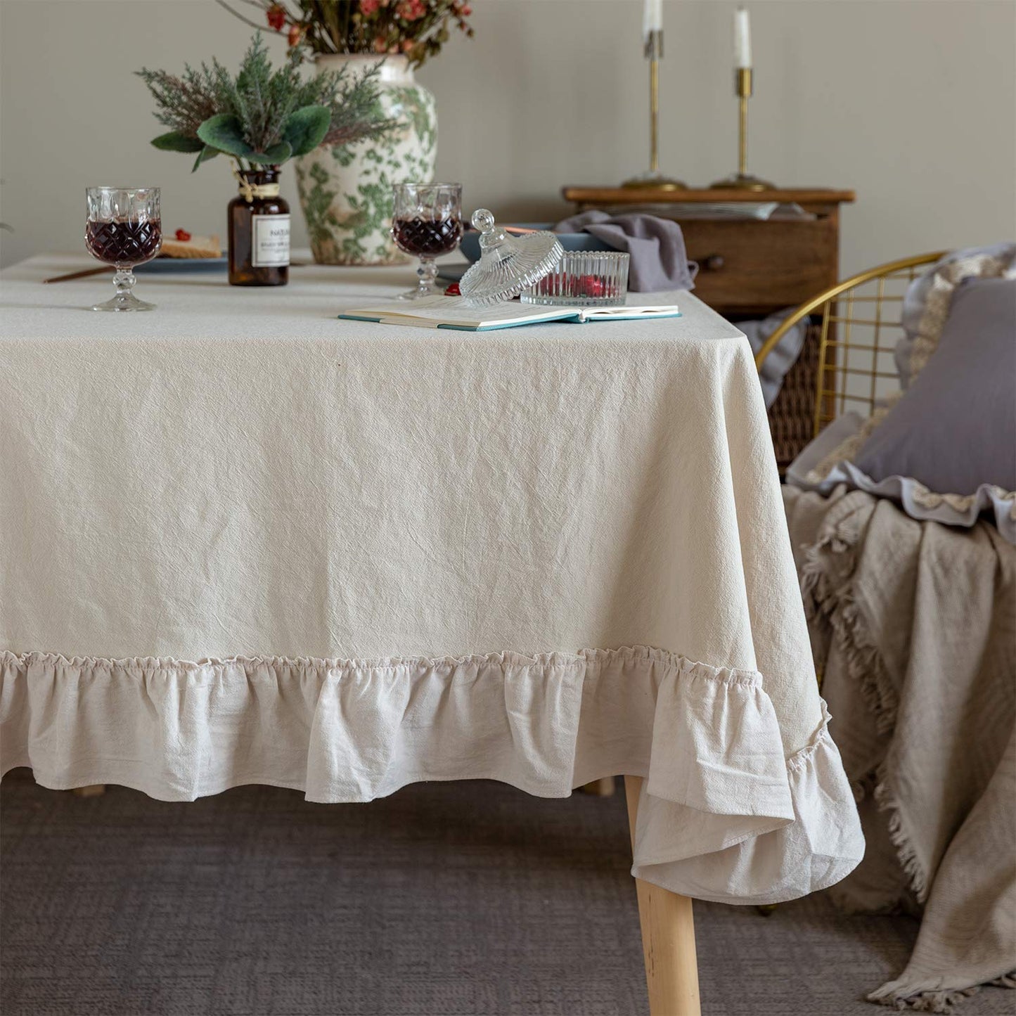 GLORY SEASON Retro Farmhouse Ruffle Tablecloth Cotton Flounces Trim Washable Table Cover Tablecloths for Rectangle Table Baby Shower Kitchen Party Wedding Decor, 52''x70''