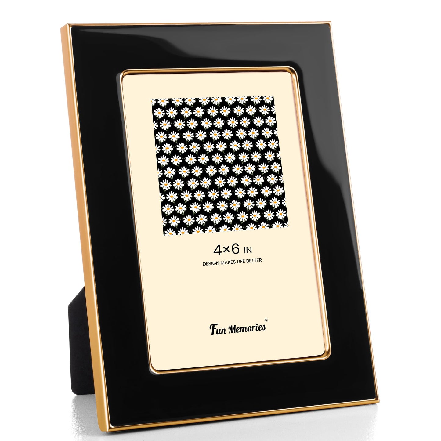 Fun Memories 4x6 Enamel Picture Frame with HD-Tempered Glass, Gold Metal Edge with Easel, Vertical & Horizontal Display, Wall and Tabletop Display Family Photo Gallery (Black Enamel,1P)