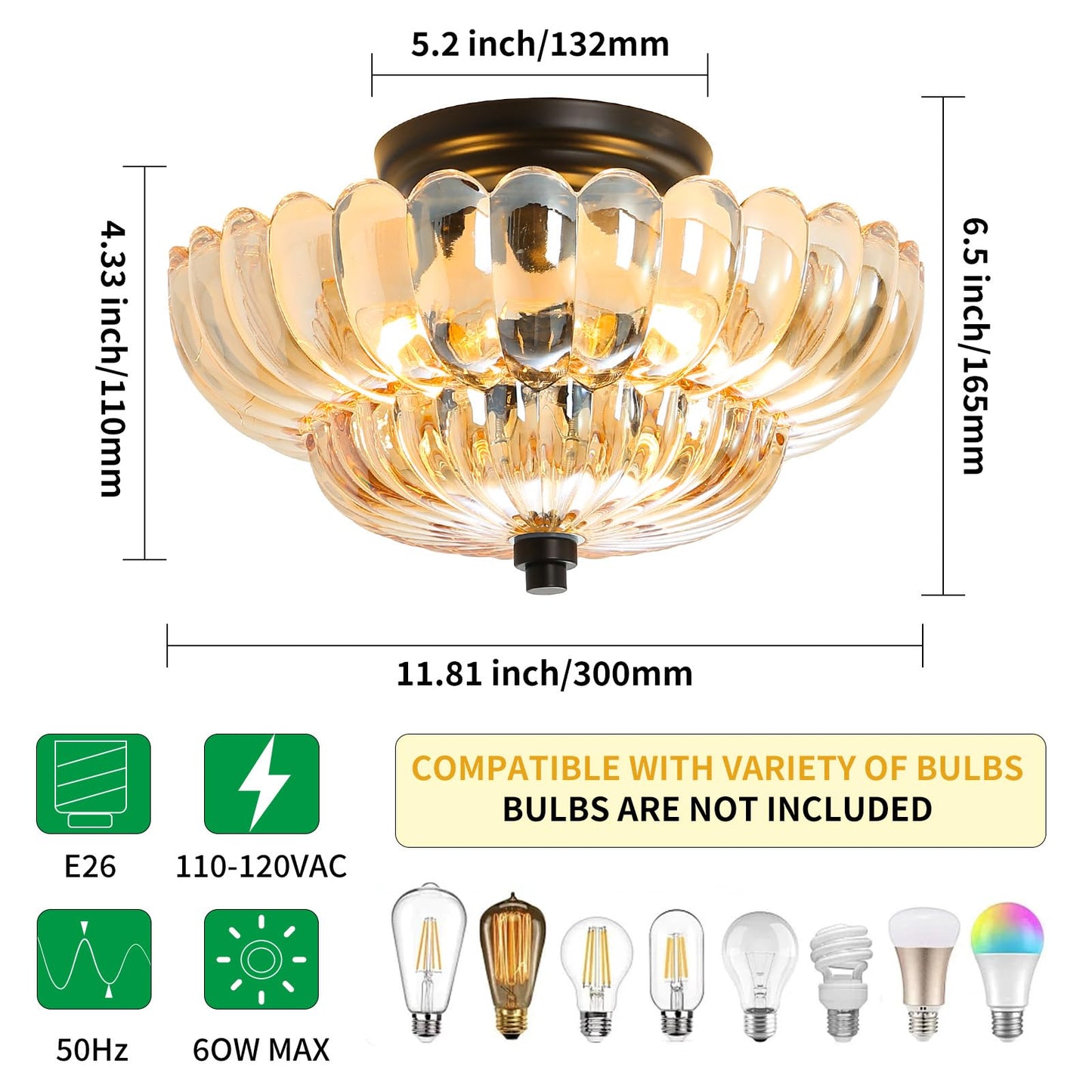 GloMuse Semi Flush Mount Ceiling Light Fixture Vinatge Black Ceiling Lights Mid Century Modern Glass Close to Ceiling Lighting Fixtures for Bedroom Hallway Foyer Bathroom Kitchen Laundry Room Nursery