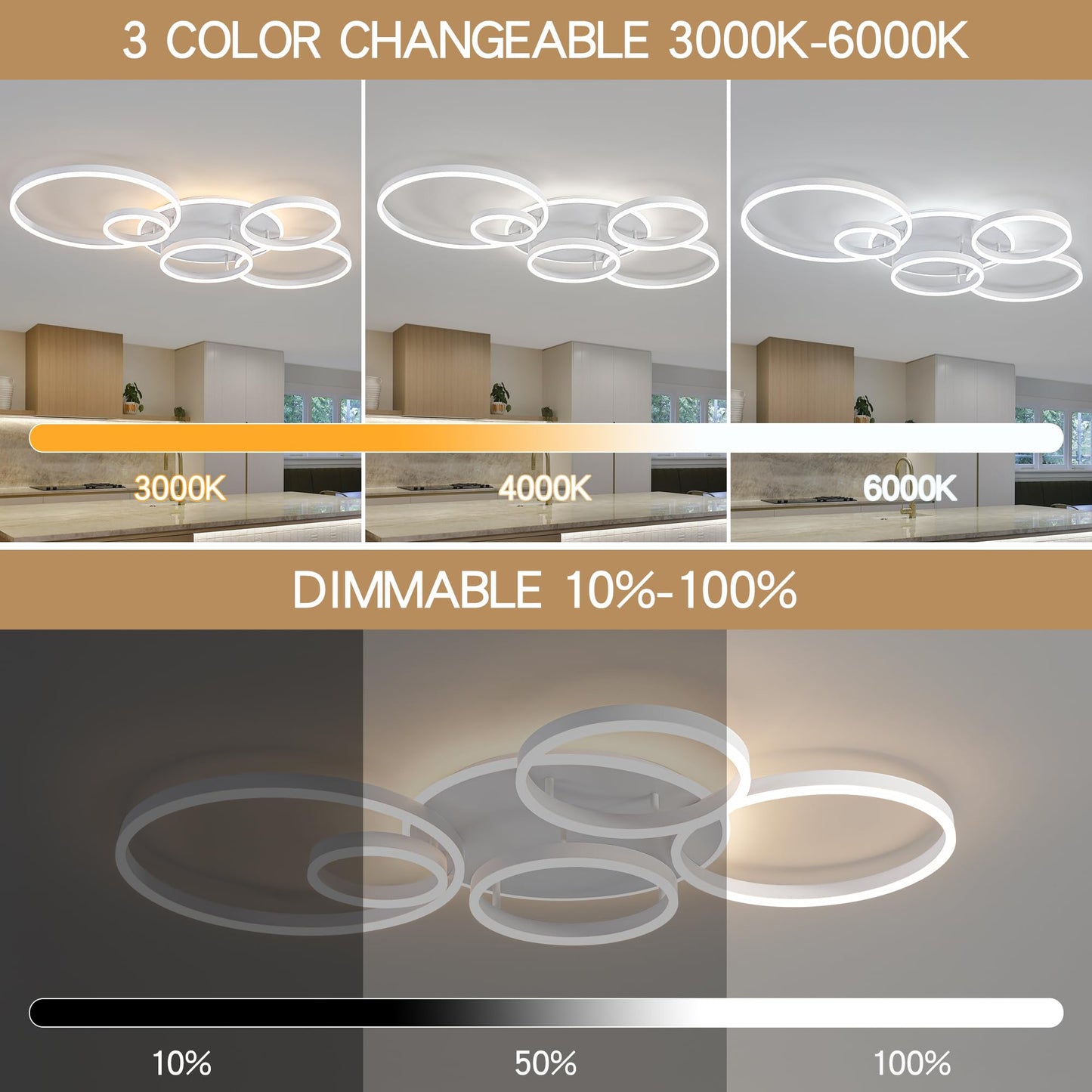 O'NEELDY Modern LED Ceiling Light White Flush Mount Ceiling Lights Fixtures Dimmable 47" Dining Room Light Fixture with Remote 6 Rings Kitchen Lighting Fixtures Ceiling Lamp for Bedroom,Living Room