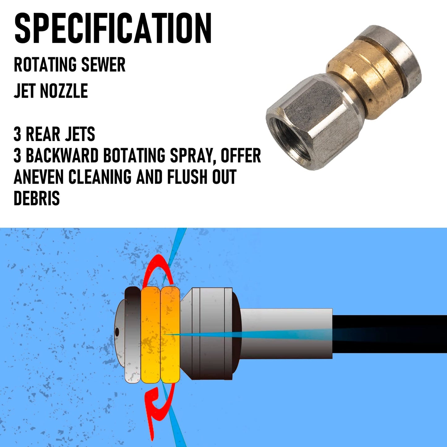 Hourleey Sewer Jetter Kit for Pressure Washer 100FT, Drain Cleaner Hose 1/4 Inch NPT, Orifice 4.0 Button Nose and Rotating Sewer Jetting Nozzle Spanner Tape Pearl Corsage Pin, 4000 PSI