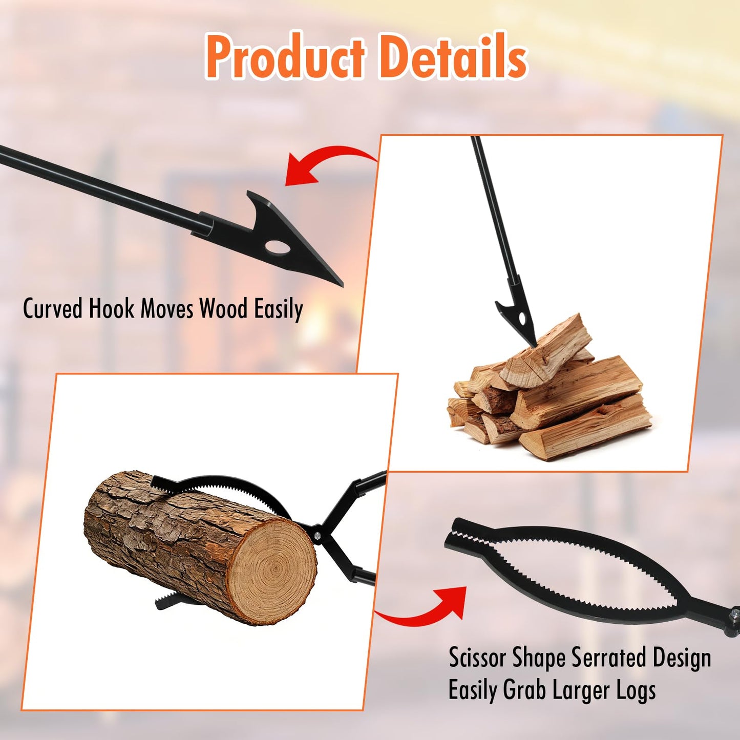 42in Detachable Fire Tongs and Poker Set with Carrying Bag, Heavy Duty Fire Pit Tools, Portable Log Grabber Fireplace Tools for Indoor Outdoor Fire Pit Camping Wood Stove Bonfire