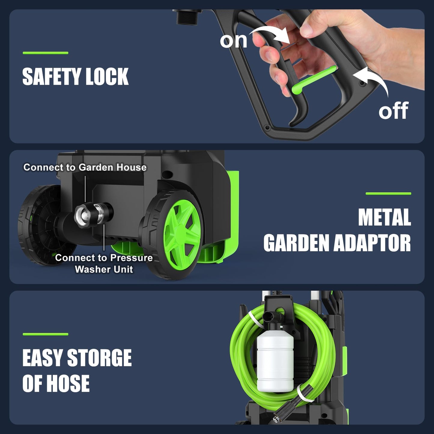 Commowner Pressure Washer 5000PSI Adjustable Pressure Power Washers Powered with 33ft Hose, 4 Nozzle and Foam Cannon, Powerwashers Cleaner Machine for Home, Cars, Green