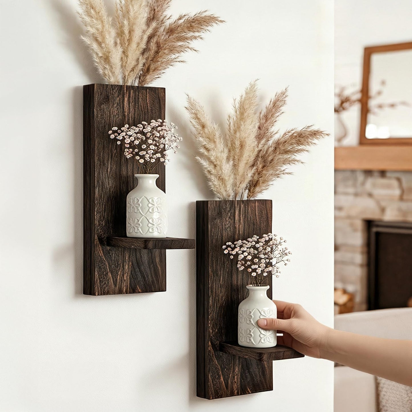 Treory Wood Wall Planter Set of 2, Wooden Wall-Mounted Vase with Shelf for Plants & Candles, Farmhouse Hanging Wall Decor for Living Room, Bedroom, Bathroom, Entryway, Narrow Spaces, 13.8" x 5"