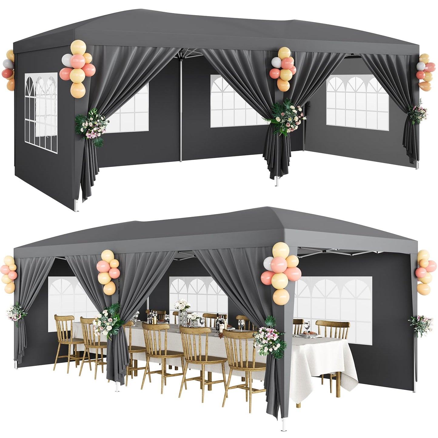 10x20 Pop Up Canopy Tent with 6 Removable Sidewalls, Heavy Duty Easy Up Commercial Party Tent with 3 Adjustable Heights, Waterproof Outdoor Canopy for Events, Wedding & Market, Includes 18 Stakes and