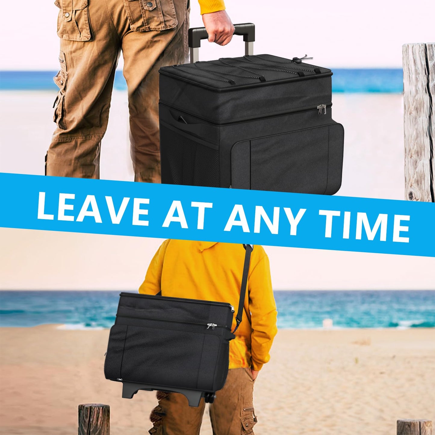 Cooler with Wheels and Handle, 50 Can Rolling Cooler, Portable Collapsible Soft Cooler with Wheels, Leakproof Insulated WheeledCooler for Beach, Camping, Patio Travel, Outdoor, Ball Fields