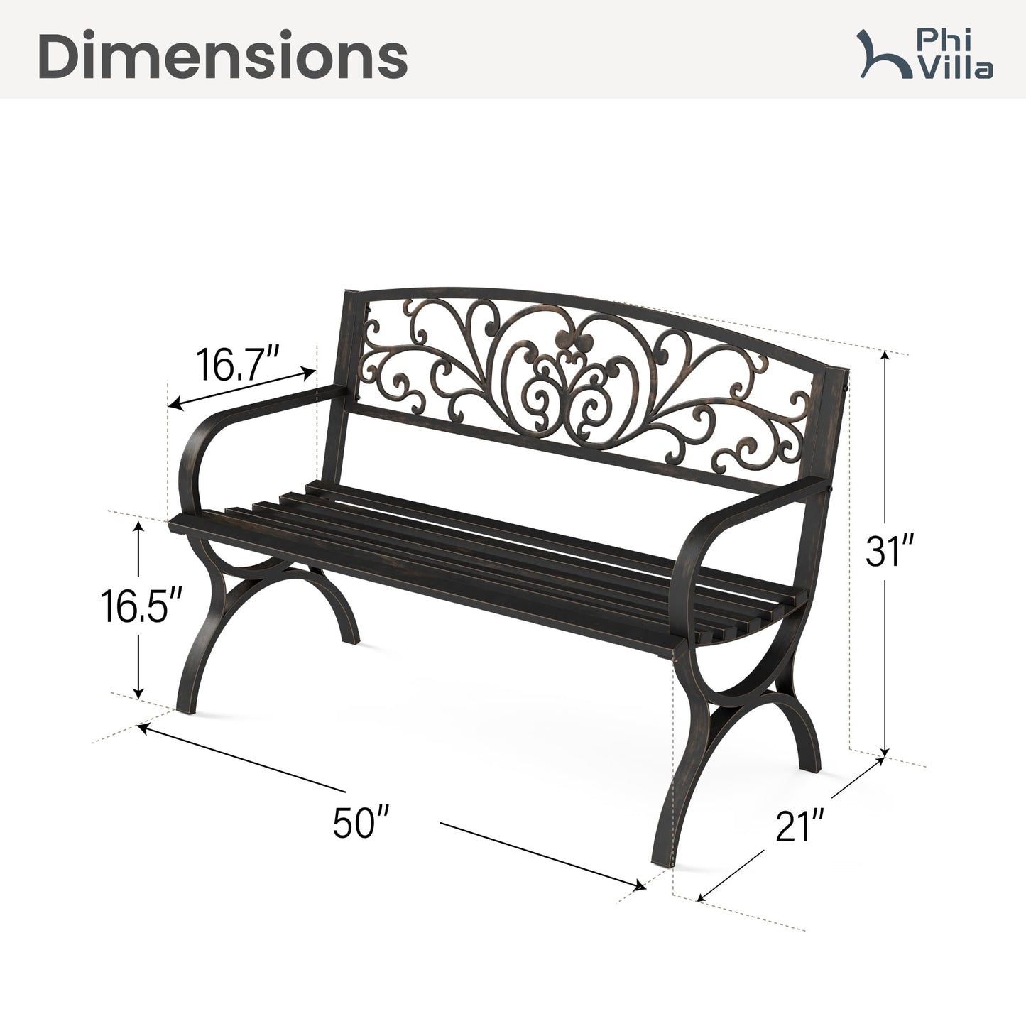 PHI VILLA 50Inch Cast Iron Steel Frame Garden Bench Patio Furniture Chair Outdoor Bench w/Floral Design Backrest, Slatted Seat for Park, Yard & Porch, Bronze