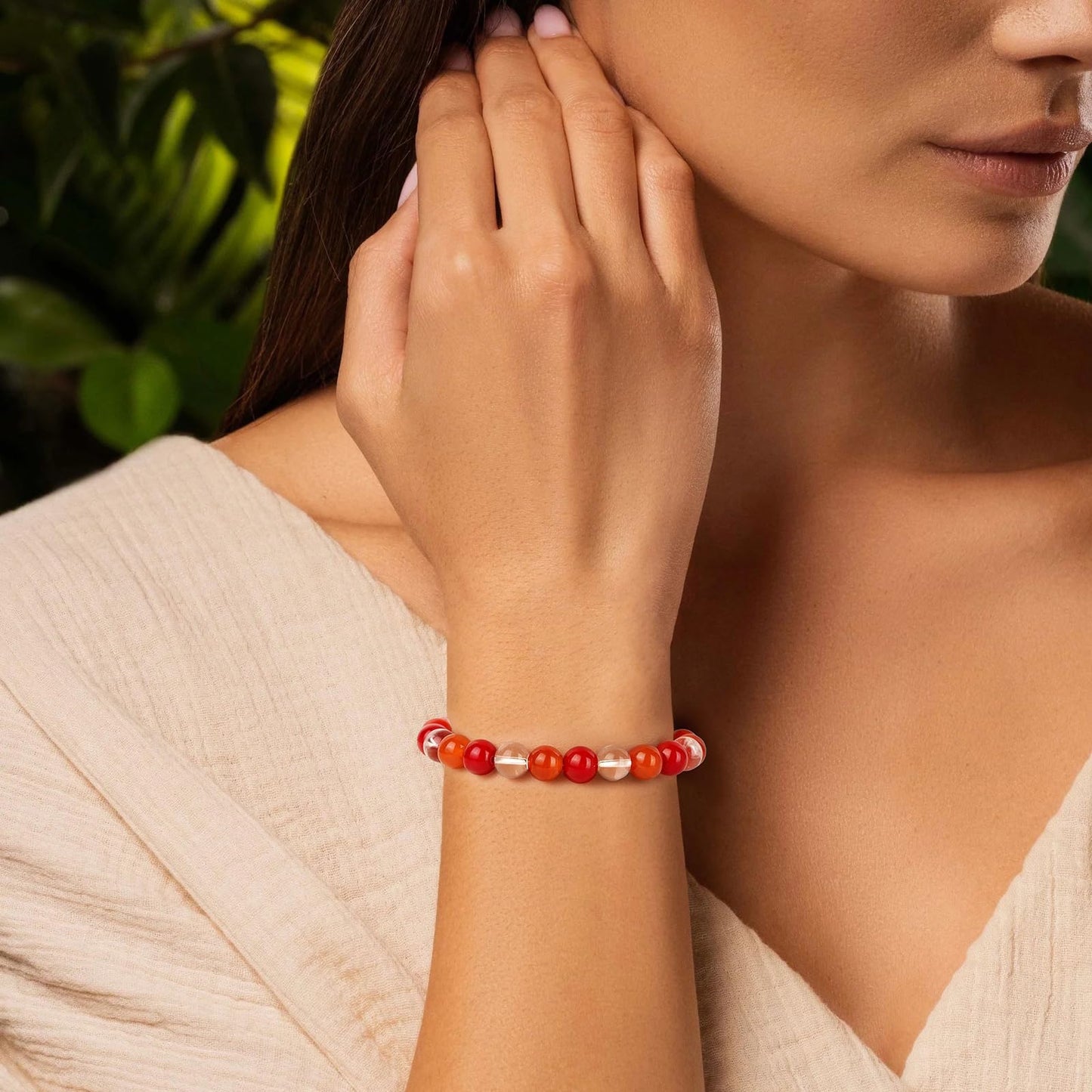 Bolinailo Healing Crystal Bracelet for Women Men 8mm Around Beaded Bracelet Clear Quartz Red Agate Carnelian Natural Stone Handmade Stretch Good Luck Bracelet Beads Spiritual Crystal Jewelry Gifts