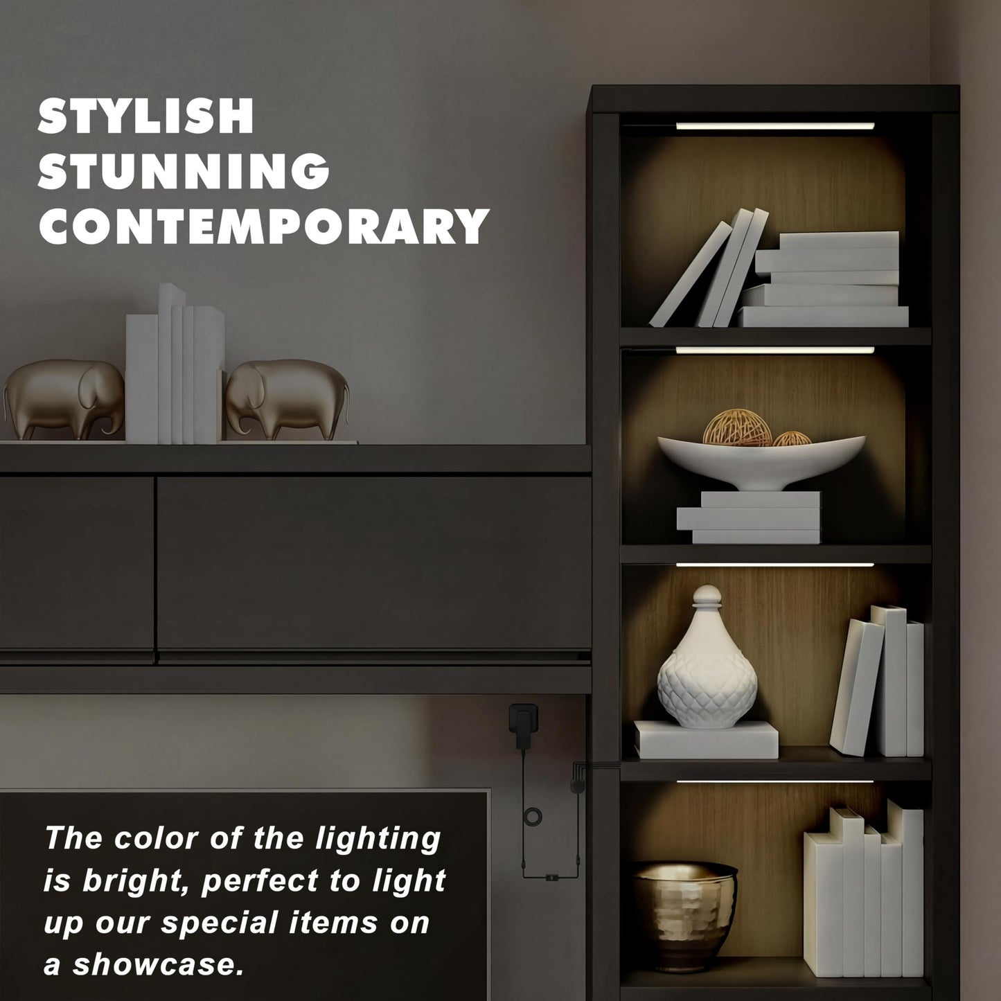 JUSJUBR Black LED Shelf Lights, Display Cabinet Lights with Memory Function, 4 Pack x12 Inch Display Lights for Shelves, LED Lights for Display Cases/Pantry/Closet, Natural White 4000K