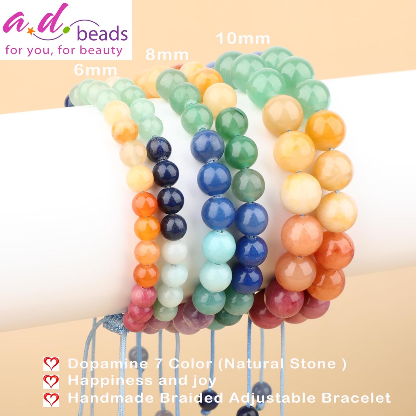 AD Beads 8mm Dopamine 7 Color - Happiness and Joy - Handmade Natural Stone Crystal Bracelet with Adjustable Macrame String - Yoga Healing Power Energy Gifts for Men and Women