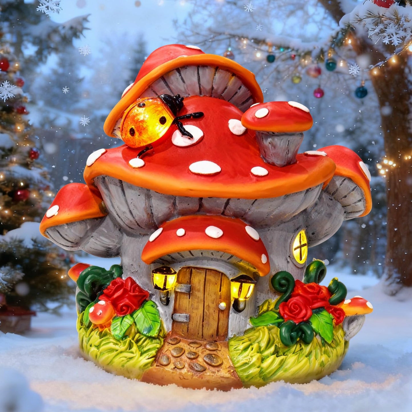 WINTS Solar Mushroom House Statue,Fairy Garden Houses with Solar Lights, Outdoor Mushroom Garden Statue Decoration for Fairy House, Outside Lawn Yard Patio, Gifts for Mom