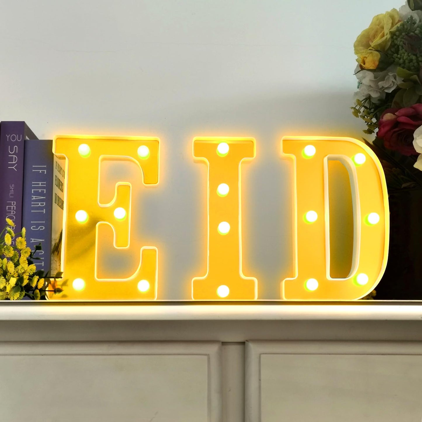 3Pcs LED EID Light Up Letters, Battery-Powered Letters Sign Lights, Warm White Decorative Night Lights for Party Home Wall Table Decor Muslim Lights Holiday Supplies
