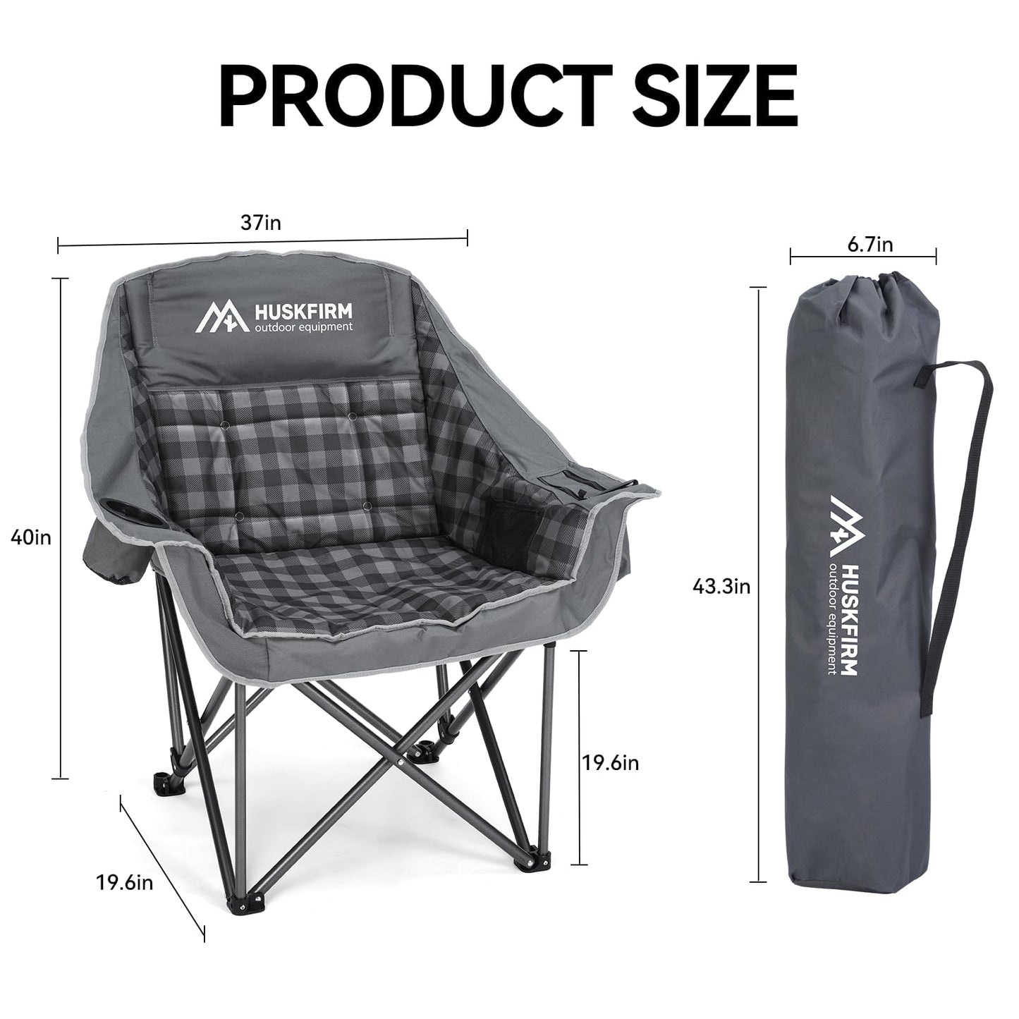 Huskfirm Oversized Camping Chair Padded Camping Chairs Heavy-Duty Foldable Camping Chairs with Cup Holder and Cooler Bag Portable Lawn Chair for Sports Outdoors-Support 450LBS, Grey
