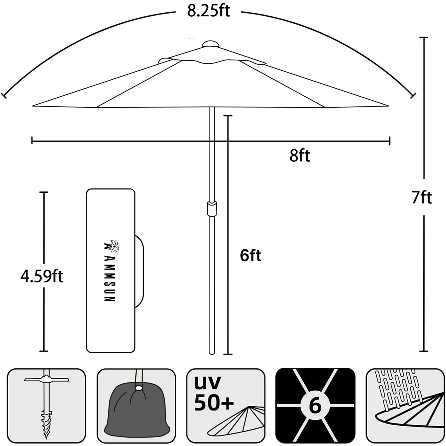 AMMSUN 8ft Large Beach Umbrellas for Sand Heavy Huty Wind Portable Commercial Grade Patio Beach Umbrella with Sand Anchor Adjustable Height Air Vent UPF 50+ Telescoping Pole without tilt Dark Blue