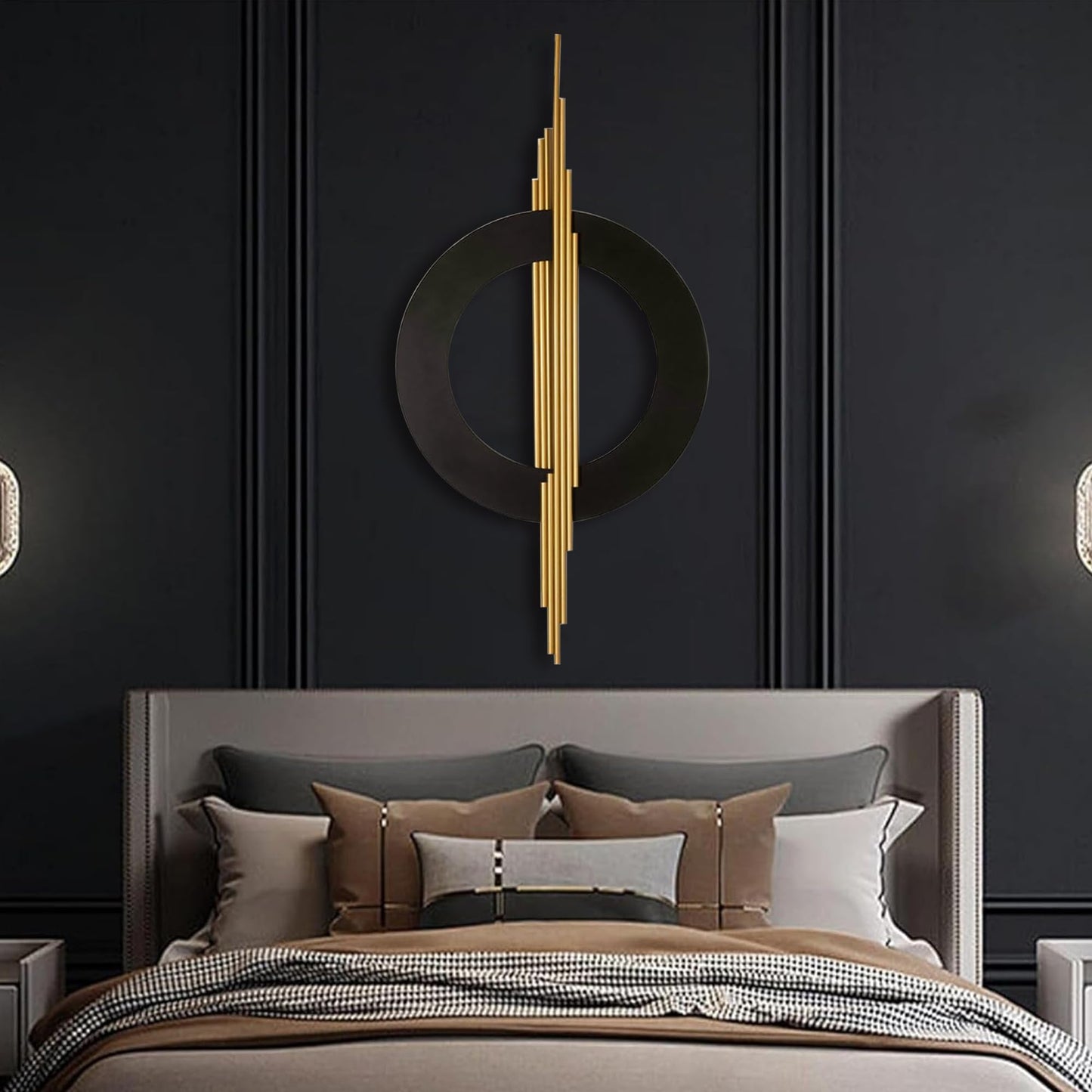 JFUJFU Large Black And Gold Metal Art 3d Wall Decor with Geometric Round & Line for Living Room & Bedroom