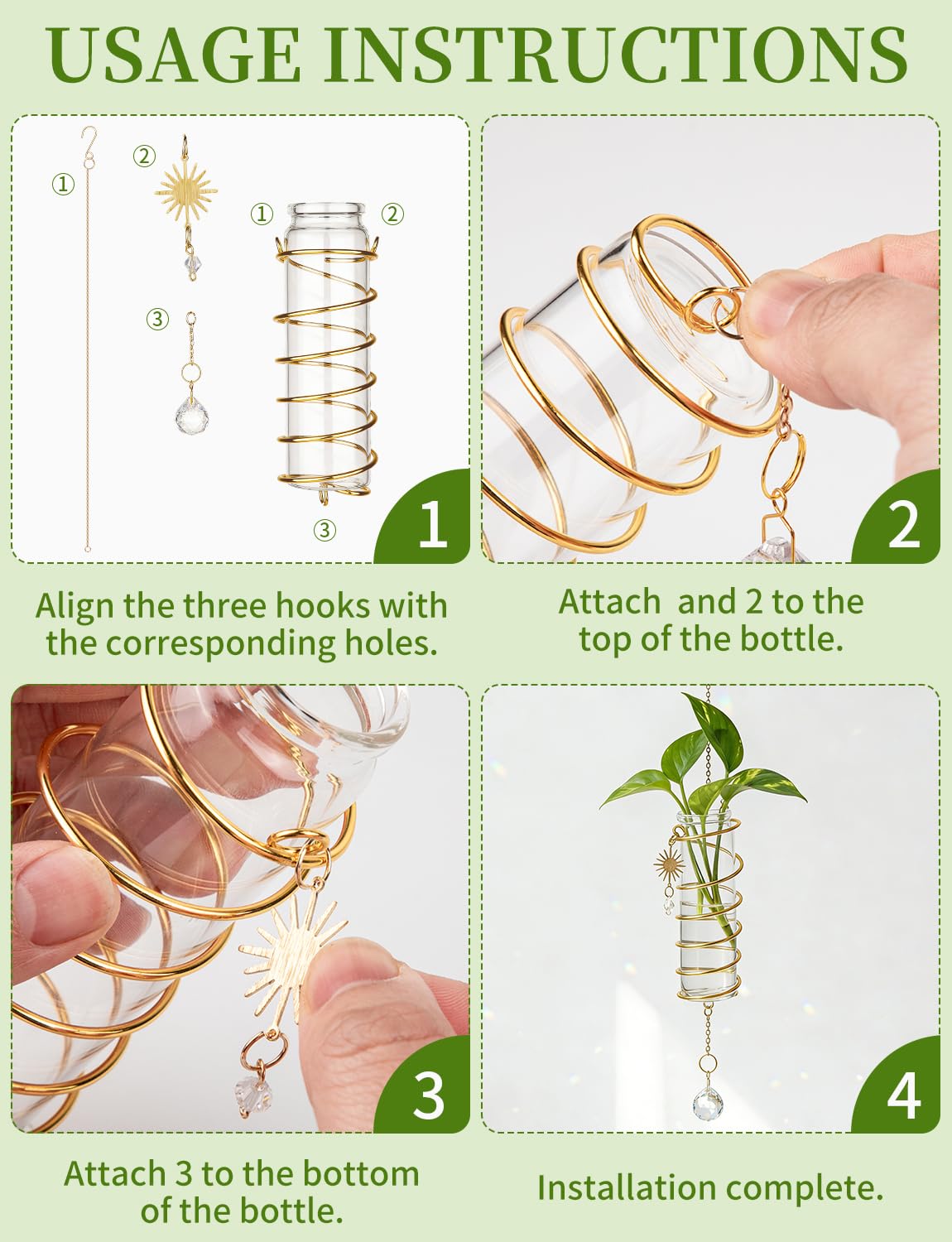 3 Pack Hanging Propagation Station with Crystal Sunshine Catcher Glass Window Propagation Tubes Vases with Gold Metal Chain for Indoor Hydroponics Plants Home Decor