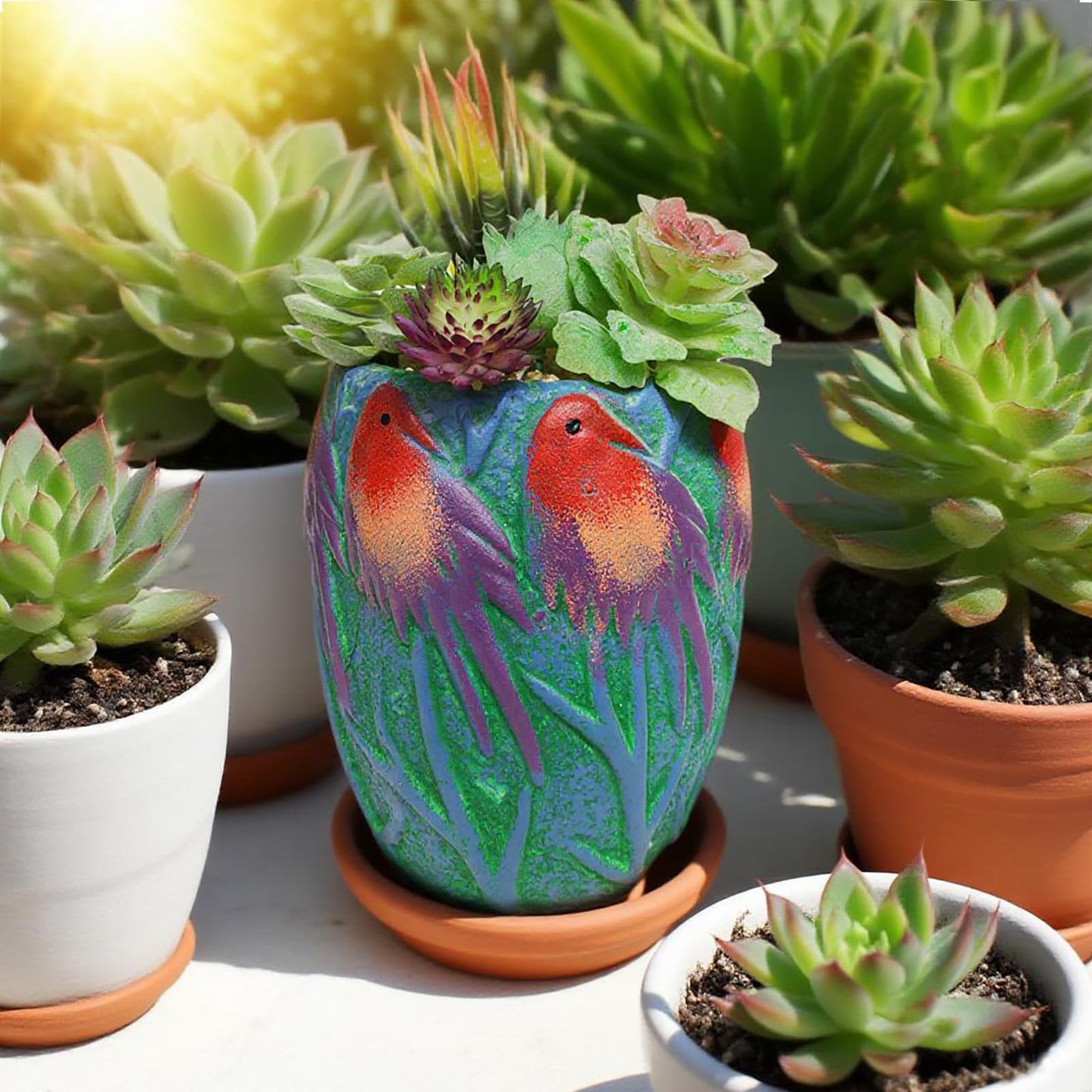 Yuccasly 6.2" H Ceramic Flowerpot with Bird Pattern, Green Glazed Oval Planter, Boho Indoor Outdoor Succulent Container with Drainage Hole