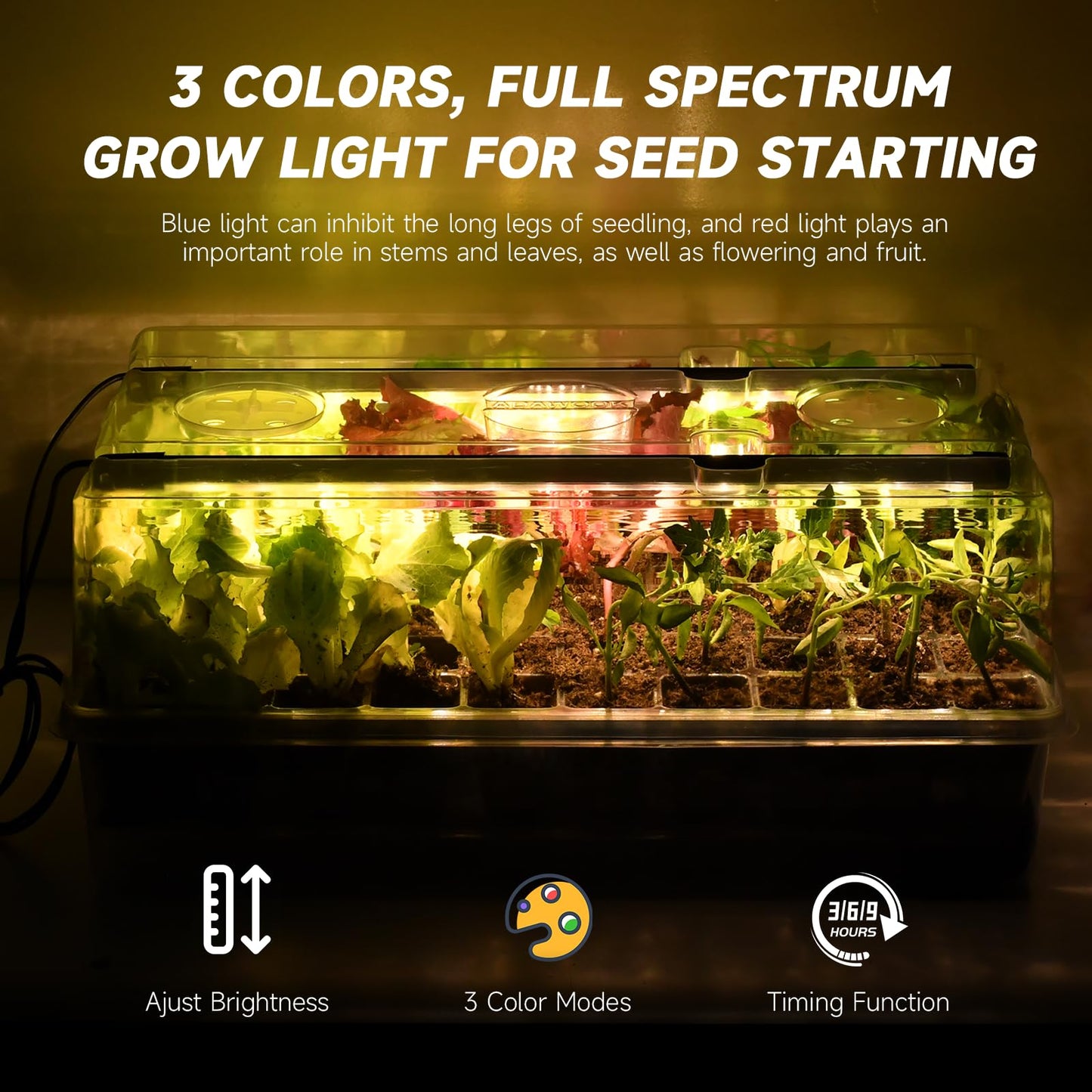 Adawook Self-Watering Seed Starter Tray with Grow Lights, 60 Cells Seed Starter Kit, Full Spectrum Grow Light for Seed Starting, Timing Set, Germination Tray Grow Kits with High Humidity Domes
