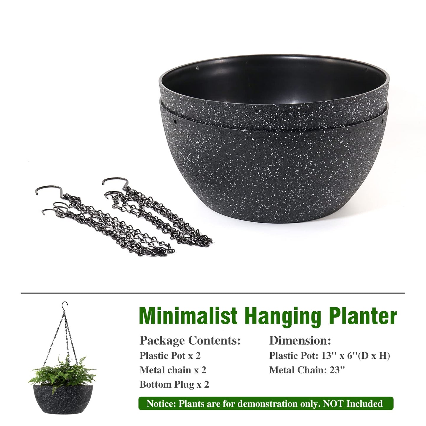 WOUSIWER 13 inch 2Pack Large Hanging Planters for Outdoor Indoor Plants with Drainage Holes and Chain, Round Hanging Flower Pots for Garden Home Porch Decor, Black Speckles