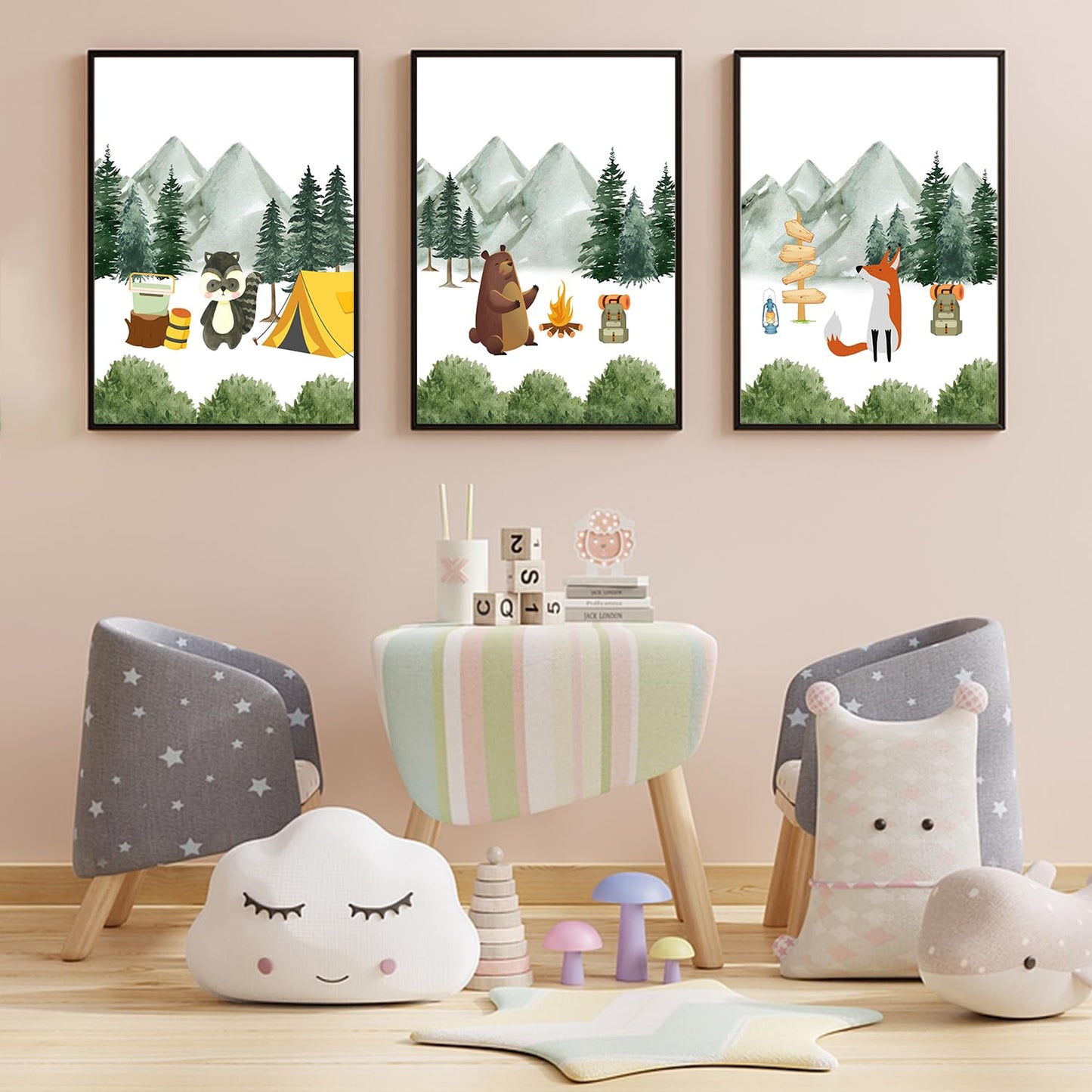 3Pcs Woodland Animal Nursery Canvas wall art Cute Bear Fox Raccoon Poster Print Safari Nursery Wall Decor Forest Animals Camping Campfire pictuer painting Boys Kids Room Home Decoration12*16In Unframed