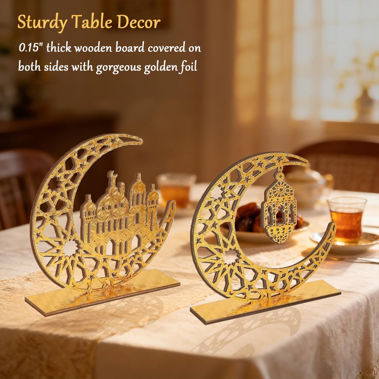 Ramadan Eid Decorations, 2 Pieces Wood Eid Decorations for Home, Gold Islamic Crescent Moon & Mosque Table Sign, Eid Mubarak Kareem Home Decor Art Craft for Muslim, Eid Centerpieces Decor