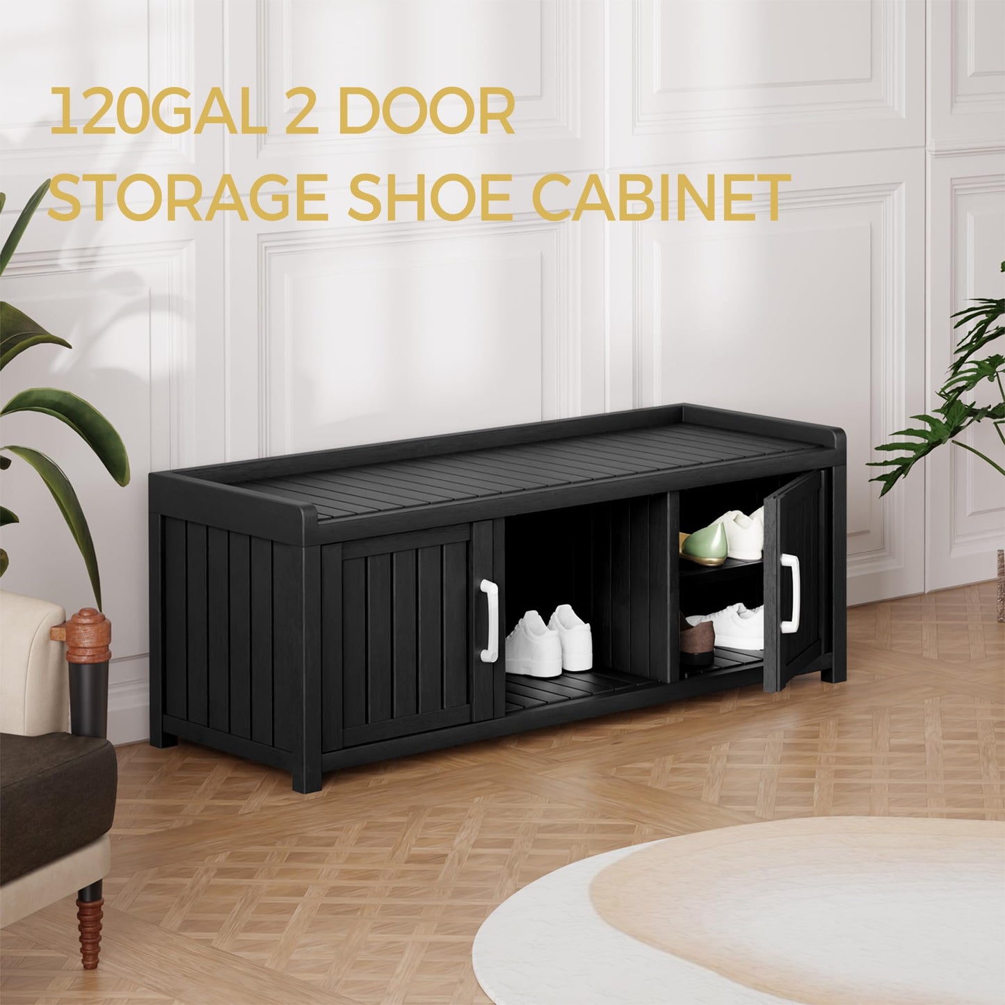 Trygoal Storage Bench - Waterproof Resin Shoe Bench with Adjustable Shelves - Indoor & Outdoor Use, 2 Doors Entryway Bench with Hidden Storage Space - Storage Cabinet for Bedroom, Hallway, Black