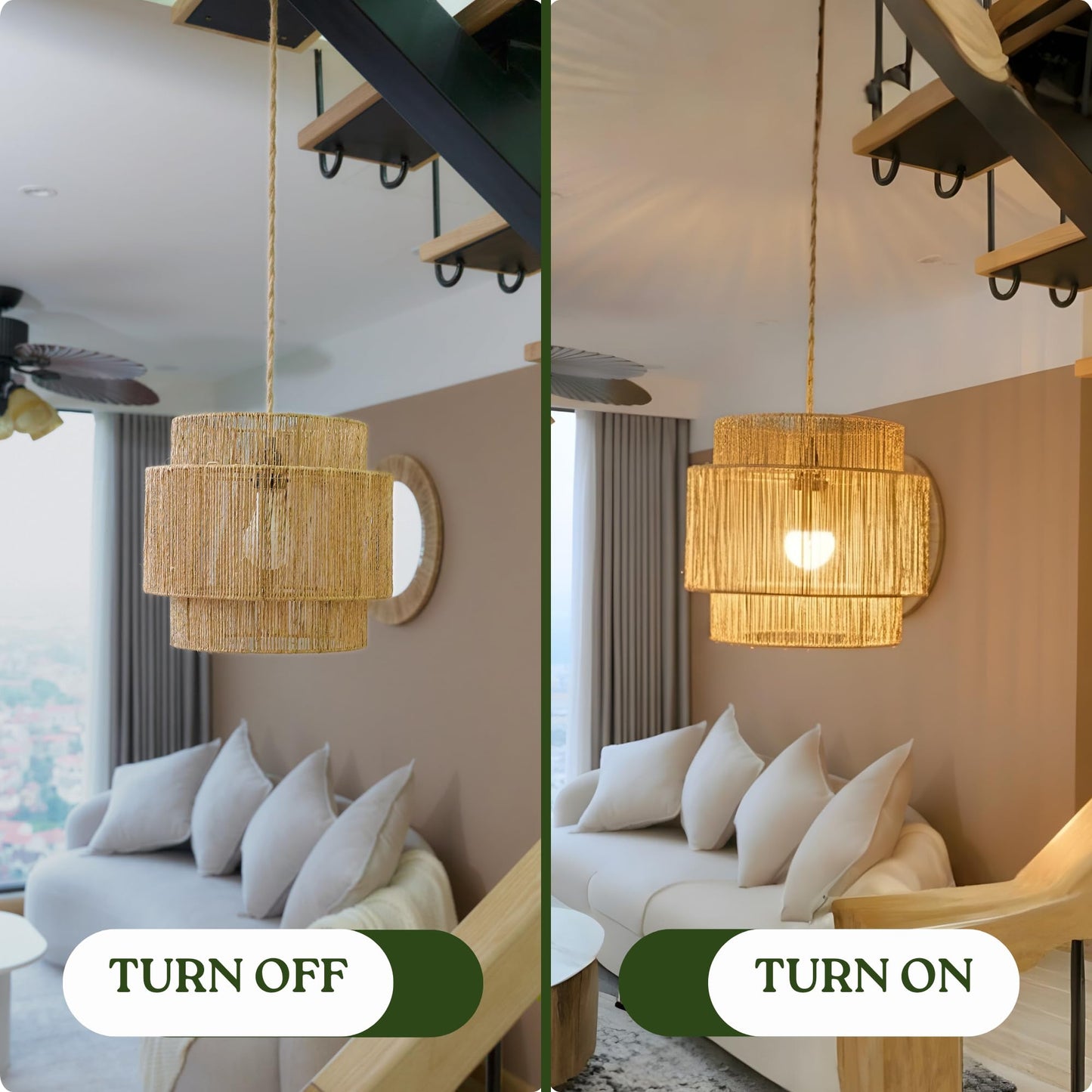 Chi An Home 11.8" Boho Jute Plug in Pendant Light, Handwoven Natural Hanging Lamp Plug in with Dimmable Light Switch, Wicker Hanging Light Fixture for Bedroom Living Room Kitchen (No Bulb Included)