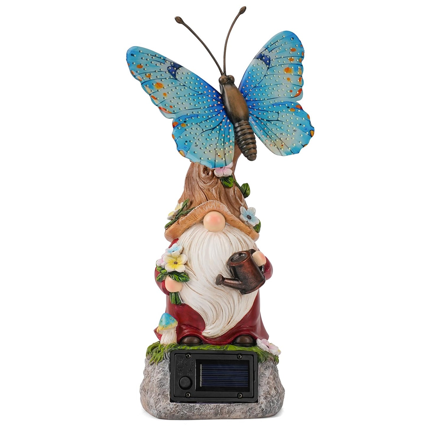 WSgift Garden Gnome Statues Solar-Powered Butterfly Resin Figurine Waterproof Outdoor Decor Mother's Day Blue