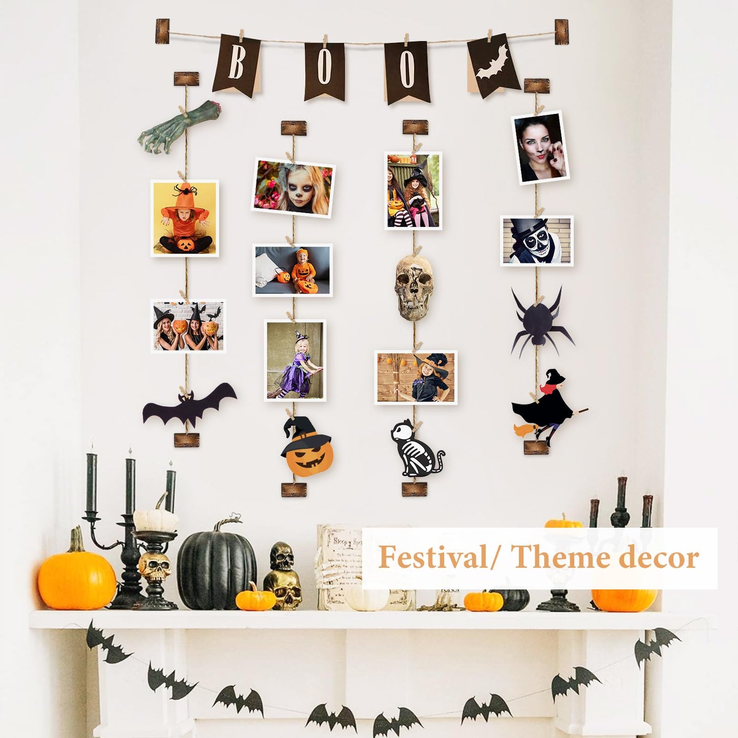 Emfogo Pictures Wall Decor, Wood Hanging Photo Display DIY Decor 5 Strings with 30 Clips, Adjustable Twines fit Multi Photo Wall Display Organizer 35 x 35 inch