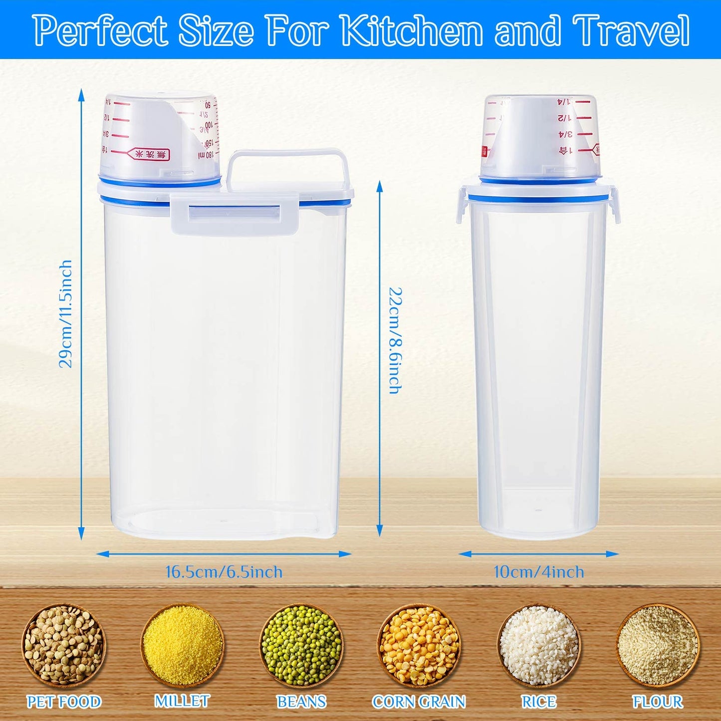 Suclain 6 Pcs Rice Airtight Storage Container 3 to 5Lbs with Pour Spout,Measuring Cup Food Storage Holder Dispenser for Oatmeal Flour Grain & Pet Cat Dog Food Container
