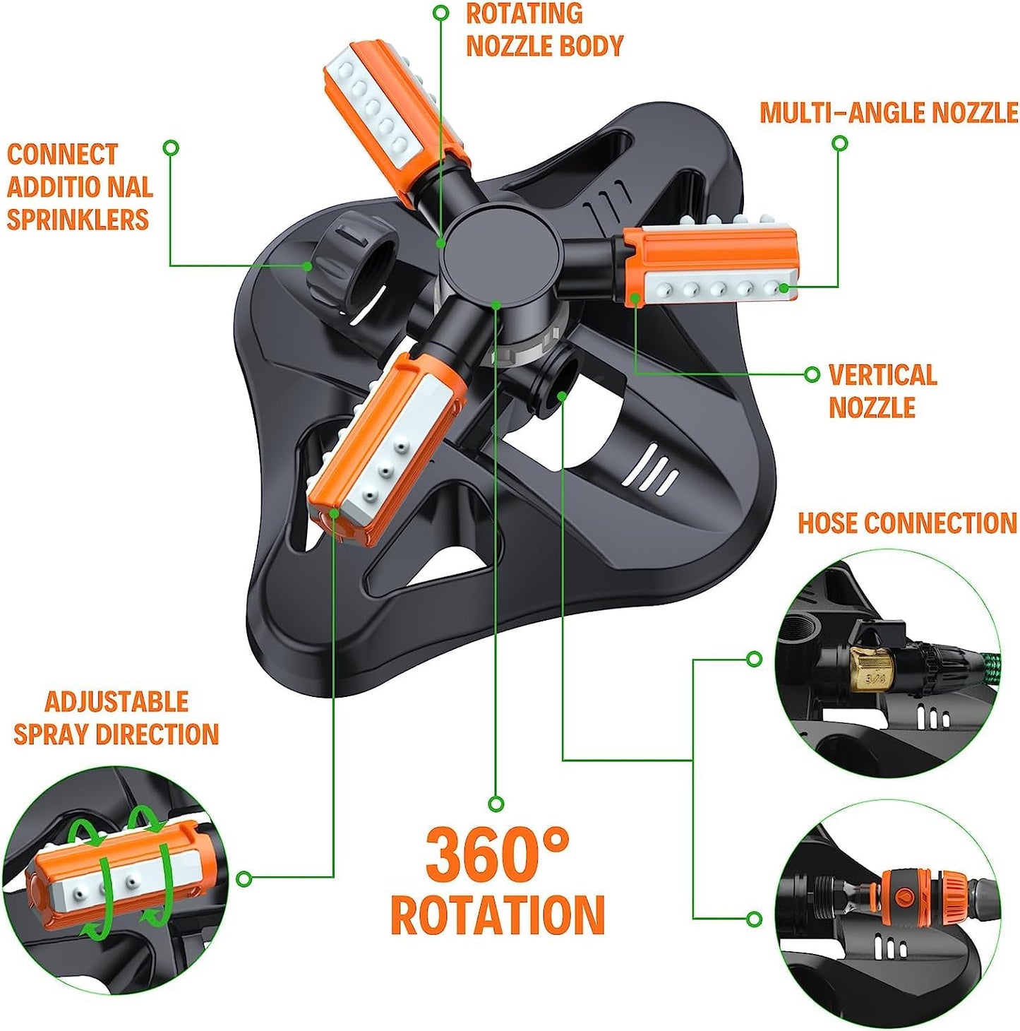 WOVUU Garden Sprinkler,Upgrade Lawn Sprinklers Automatic 360 Degree Rotating Irrigation Grass Water Sprayer System,Garden Hose Sprinkler for Yard/Built in 36 Units Angle Spray Nozzles(Orange)-1Pack