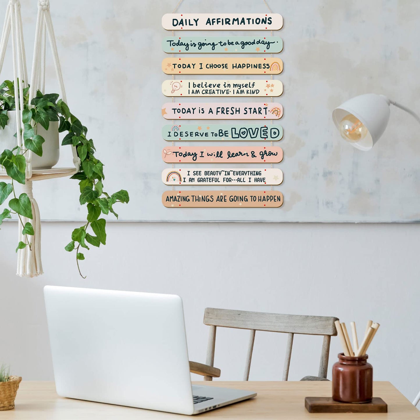 Gerrii Positive Affirmations Wall Decor Wooden Inspirational Wall Art Mental Awareness Motivational Hanging Art Positive Self Love Quotes Decor for Nursery Office Bedroom(Rainbow)