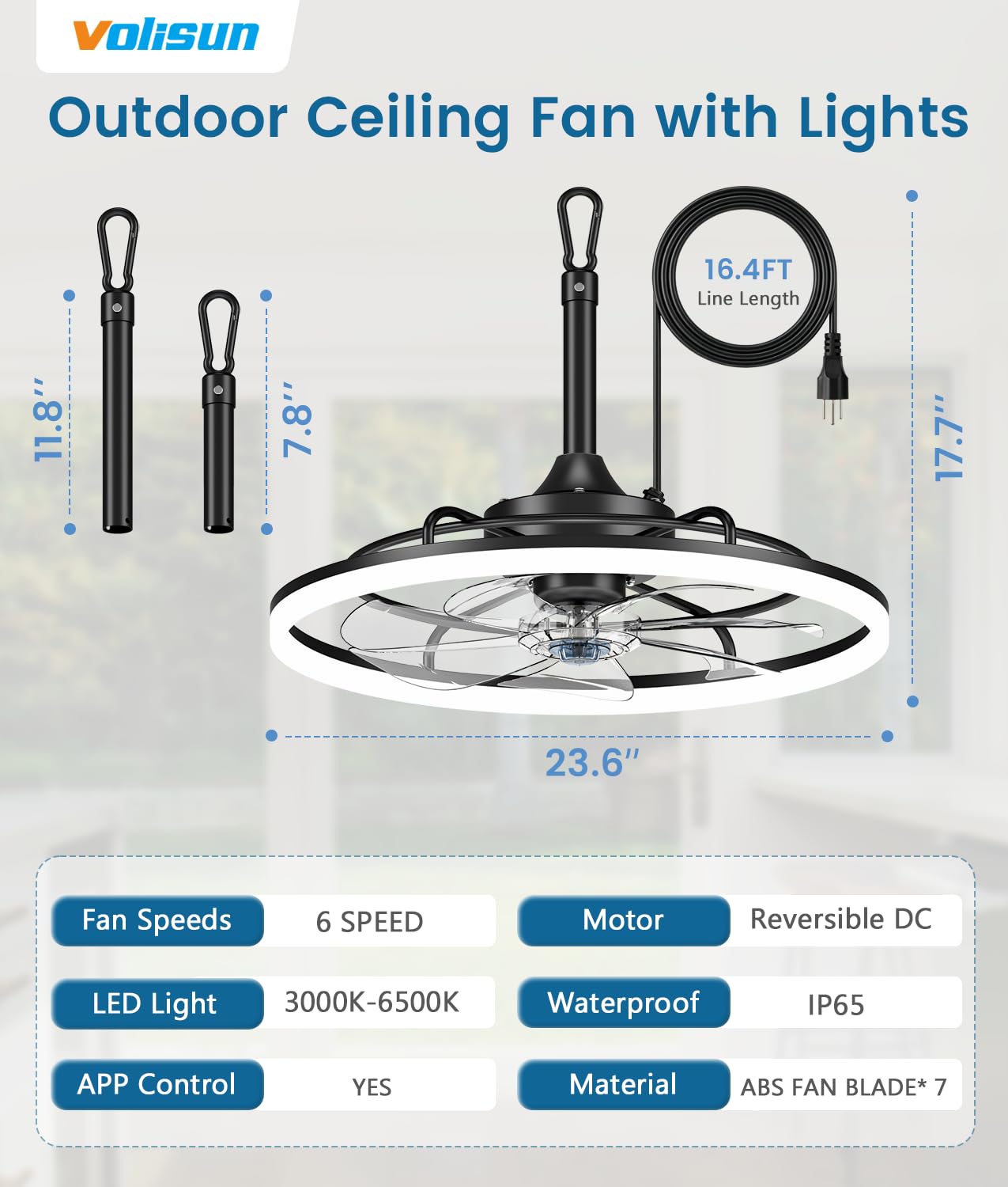 VOLISUN Outdoor Ceiling Fans with Light for Patios, 23.6in Weatherproof Plug in Ceiling Fan, 3000K-6500K Dimmable Gazebo Fan Remote&APP Control, Black Caged Ceiling Fan for Porch, Pergola,Canopy
