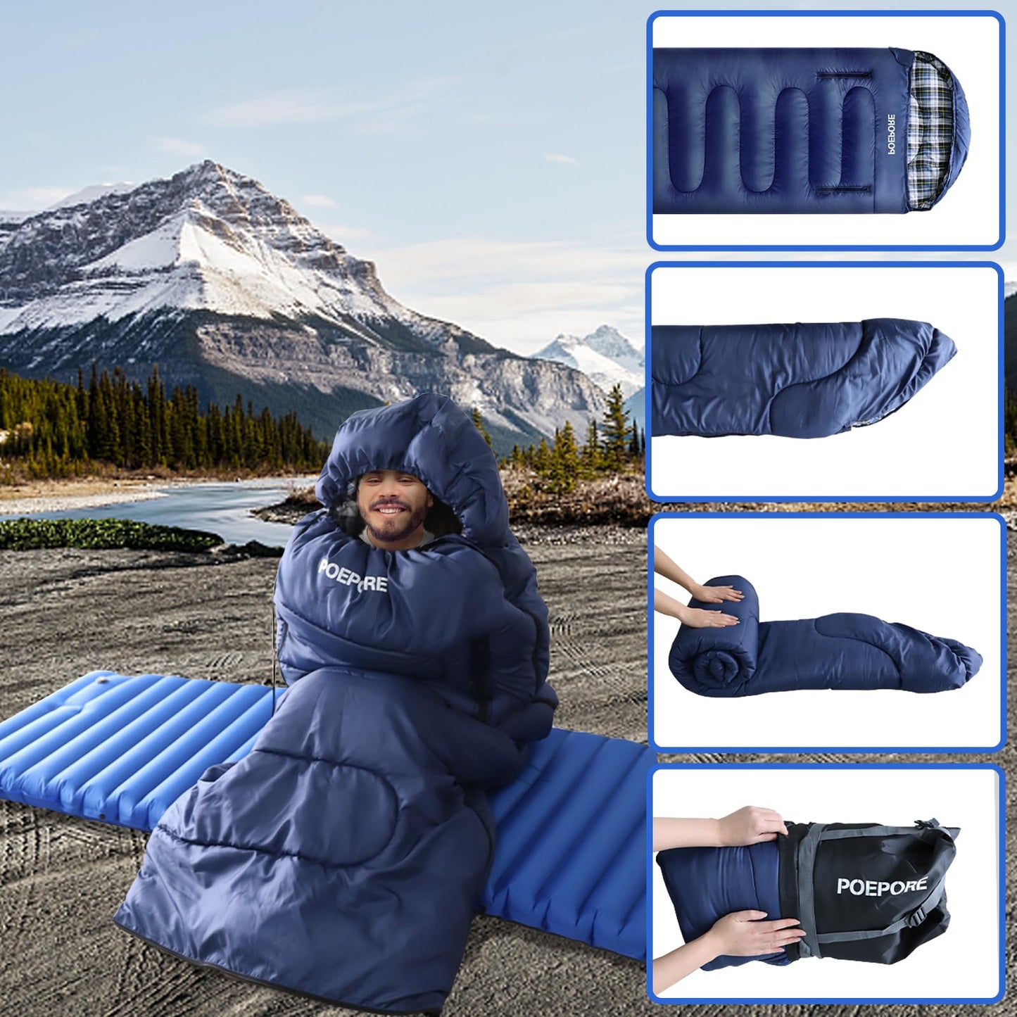 POEPORE Flannel Sleeping Bag Cotton 0 Degree Cold Weather for Adults XXL Wearable Sleeping Bag 4 Seasons Waterproof with Compression Sack Blue_R