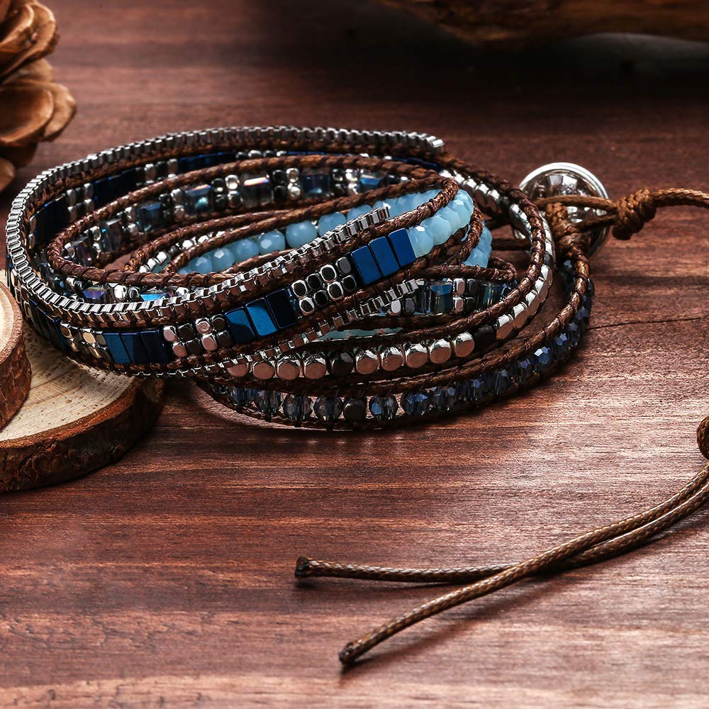 Plumiss Boho 5 Wraps Handmade Beaded Statement Stainless Steel Box Chain Bracelet Jewelry Collection for Men and Women